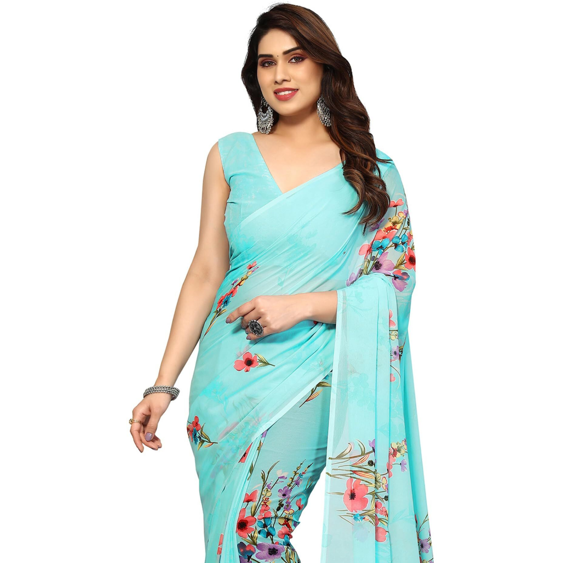 SIRIL Polyester Womens Geoegette Floral Printed Saree With Unstitched Blouse Piece (3112S2155A_Light Blue)