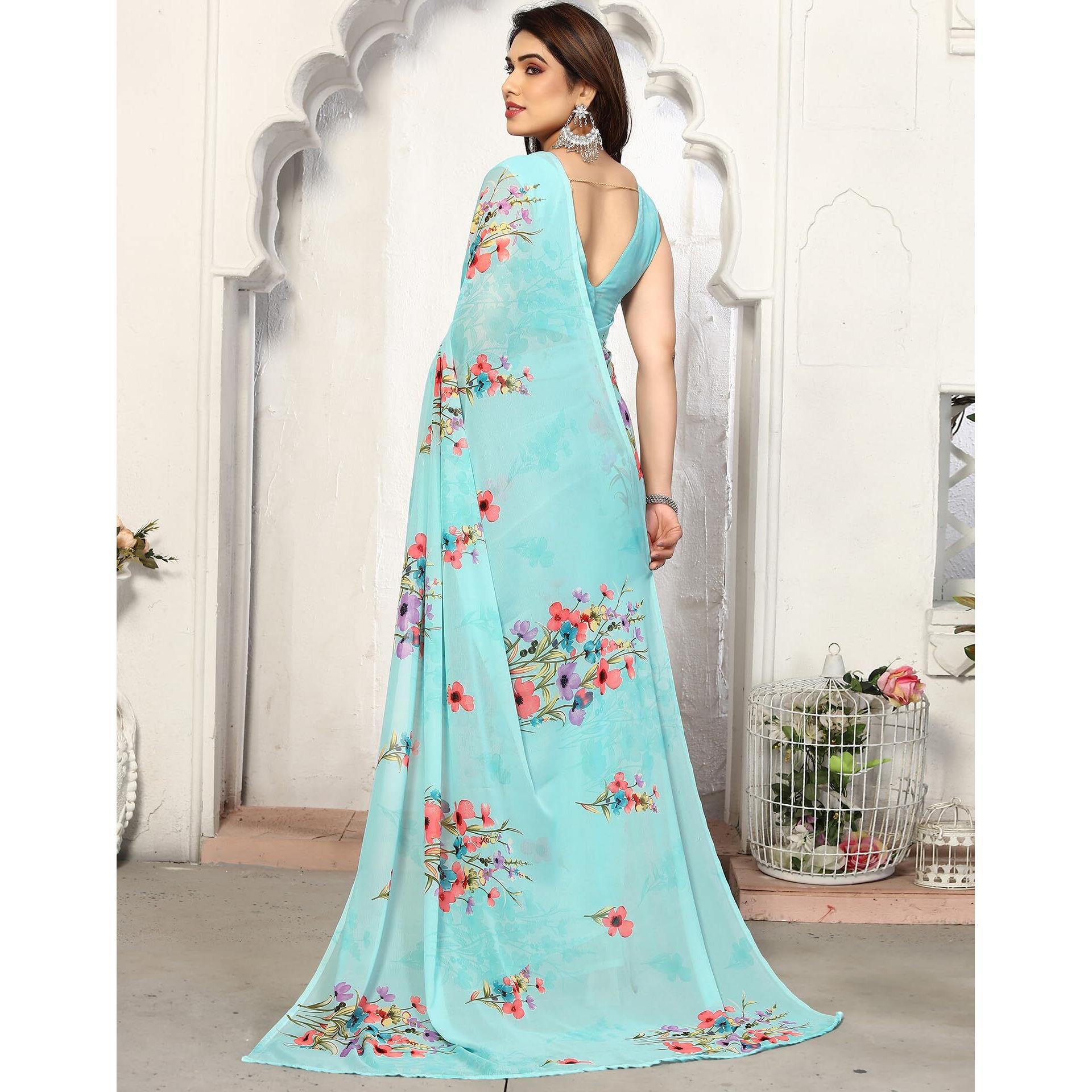 SIRIL Polyester Womens Geoegette Floral Printed Saree With Unstitched Blouse Piece (3112S2155A_Light Blue)