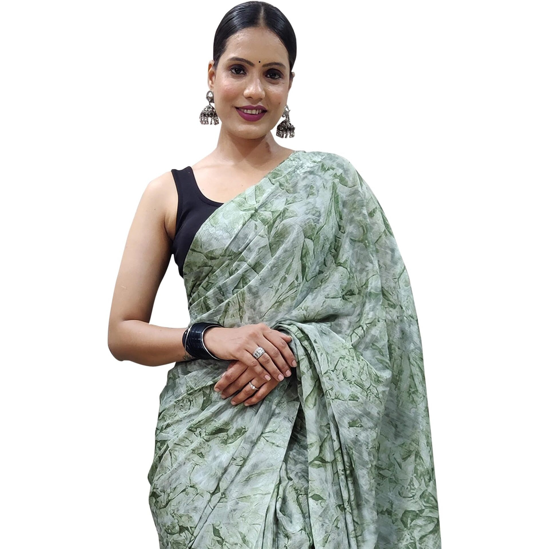 AKHILAM Womens Chiffon Abstract Printed Ready To Wear one Minute Saree With Unstitched Blouse Piece(Green_RTWATRNG1302_CM)