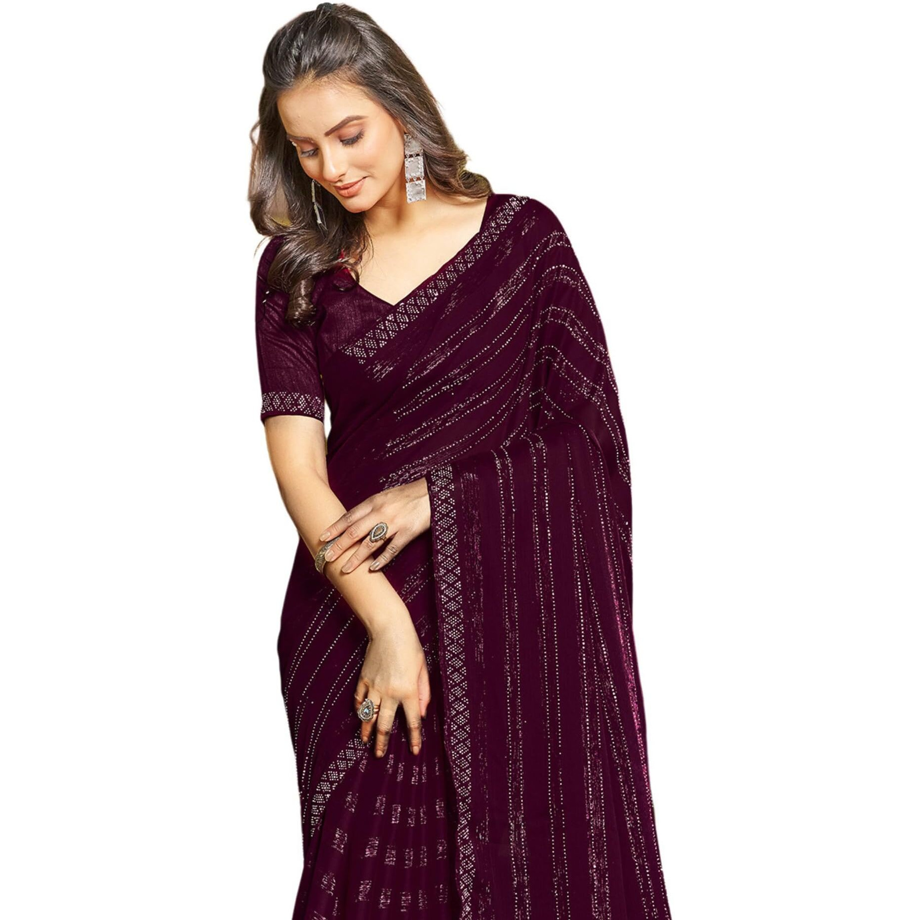 SIRIL Womens Chiffon Hot Fixing Saree With Unstitched Blouse Piece (3397S249_Wine)