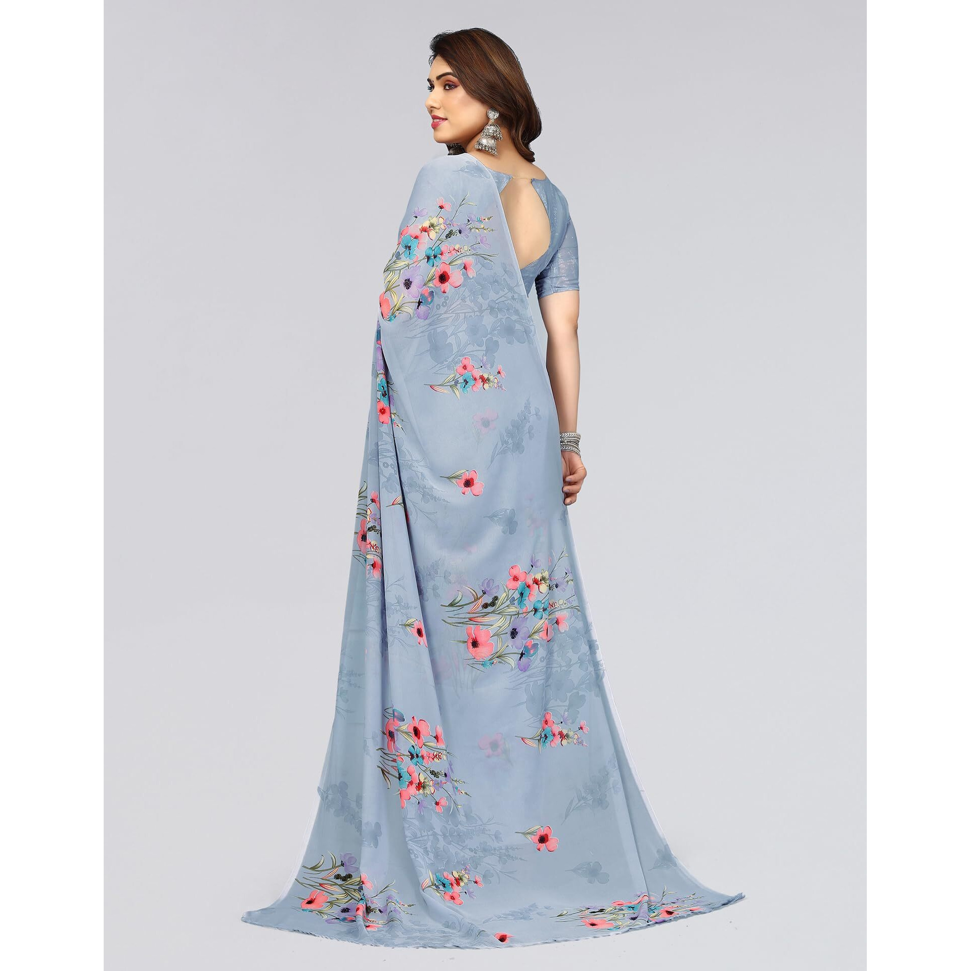 SIRIL Polyester Womens Geoegette Floral Printed Saree With Unstitched Blouse Piece (3112S2152A_Grey)