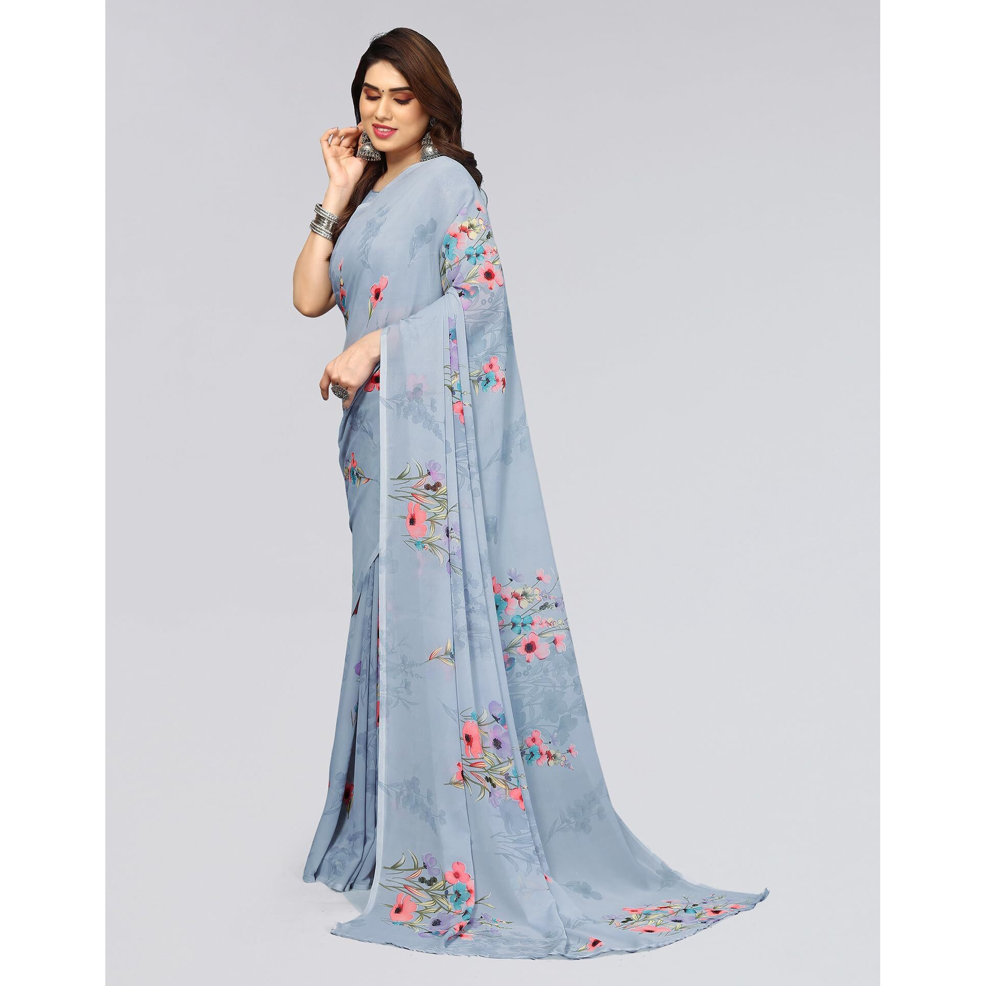 SIRIL Polyester Womens Geoegette Floral Printed Saree With Unstitched Blouse Piece (3112S2152A_Grey)