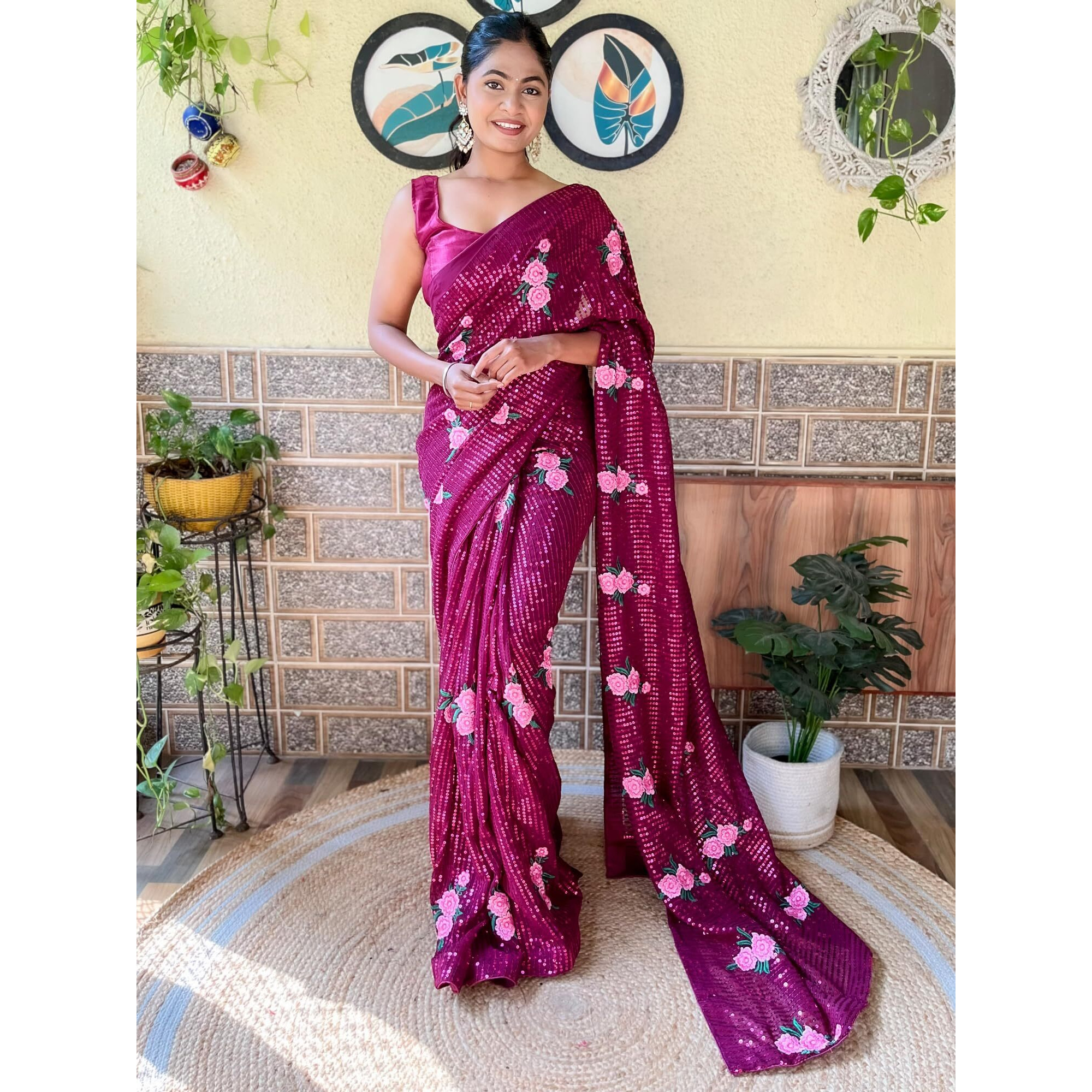 AKHILAM Womens Georgette Pink Embellished Designer Saree With Unstitched Blouse Piece (KESARI1605_KR)