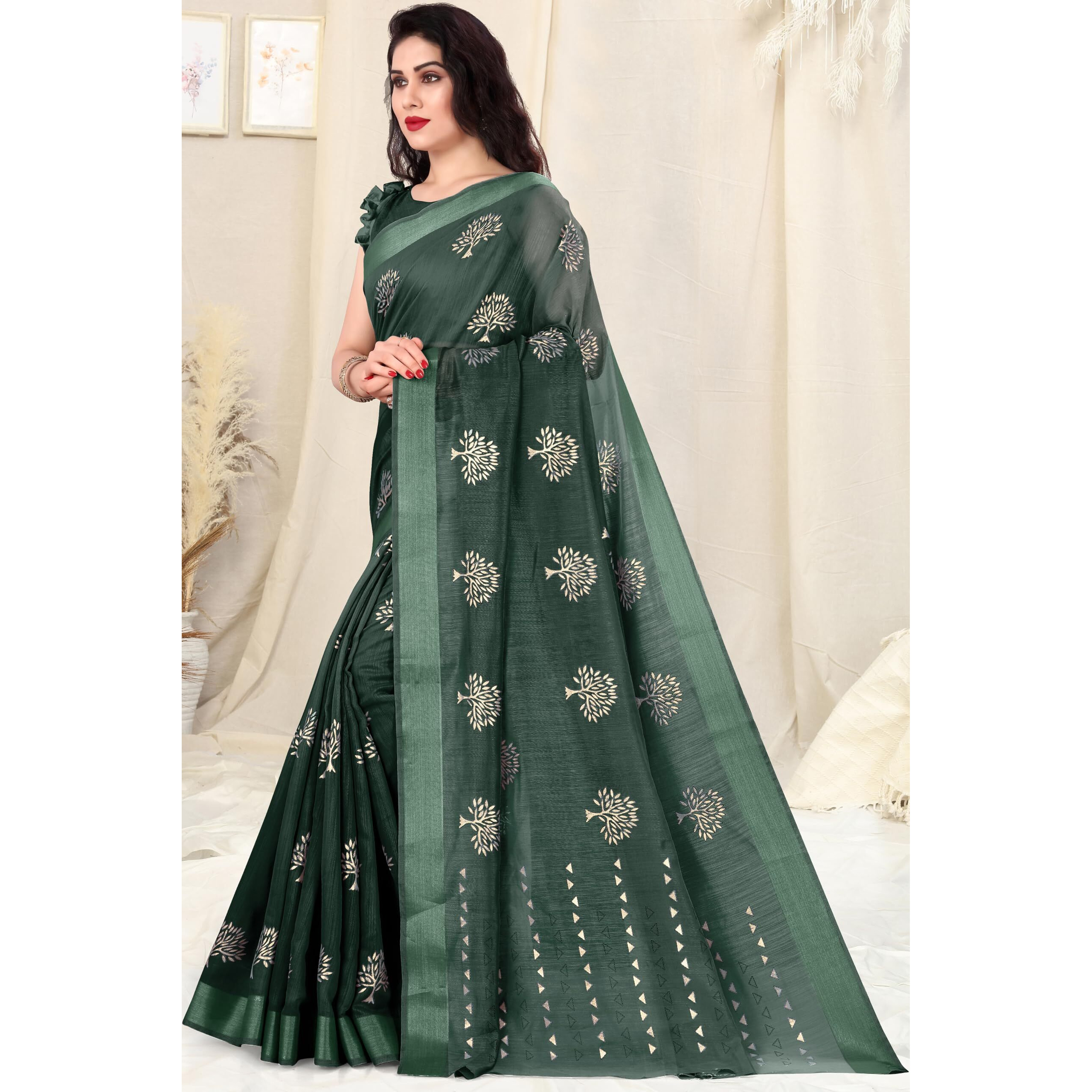 SOURBH Womens Cotton Blend Tree Block Pattern Foil Print Saree with Blouse Piece (24212-Dark Green, Gold)