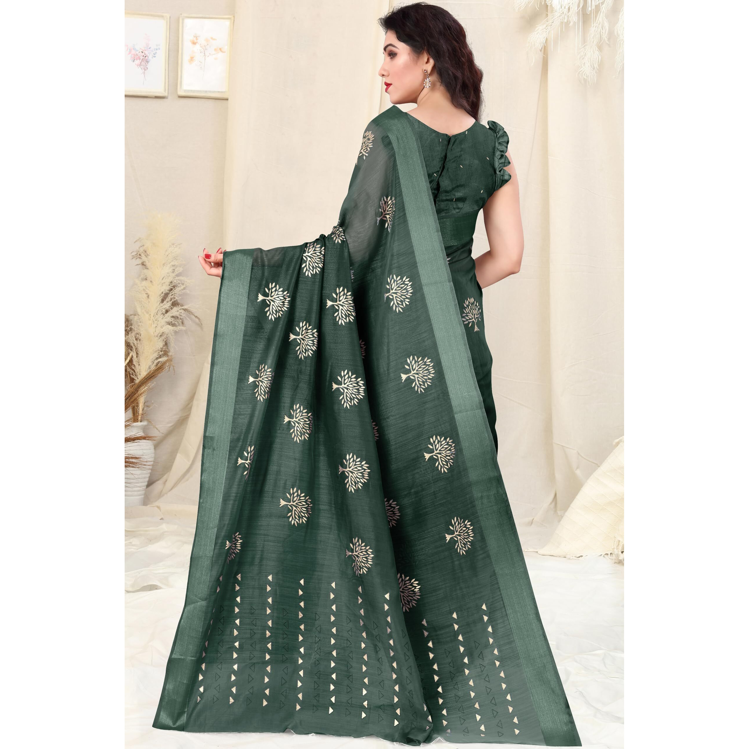 SOURBH Womens Cotton Blend Tree Block Pattern Foil Print Saree with Blouse Piece (24212-Dark Green, Gold)