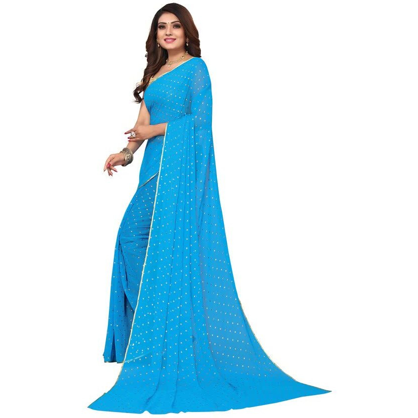 SIRIL Womens Jari Border & Mukaish Work Chiffon Saree with Unstitched Blouse Piece(2811S294A_Sky Blue1)