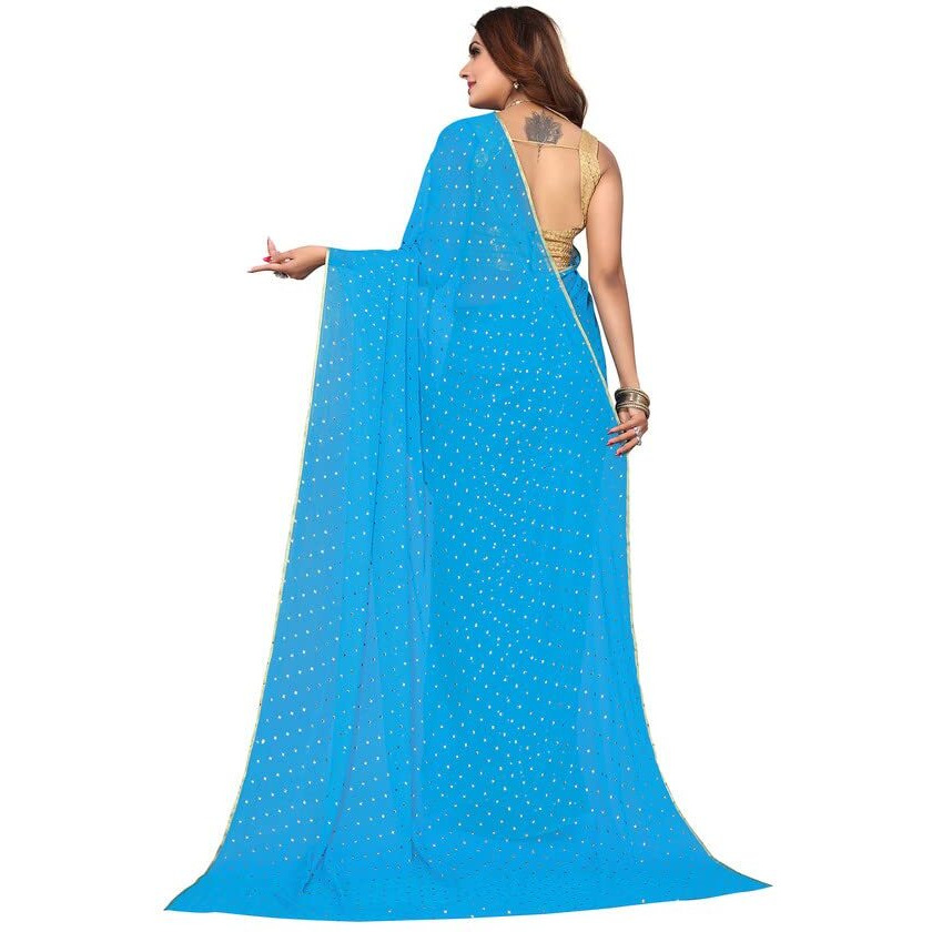 SIRIL Womens Jari Border & Mukaish Work Chiffon Saree with Unstitched Blouse Piece(2811S294A_Sky Blue1)