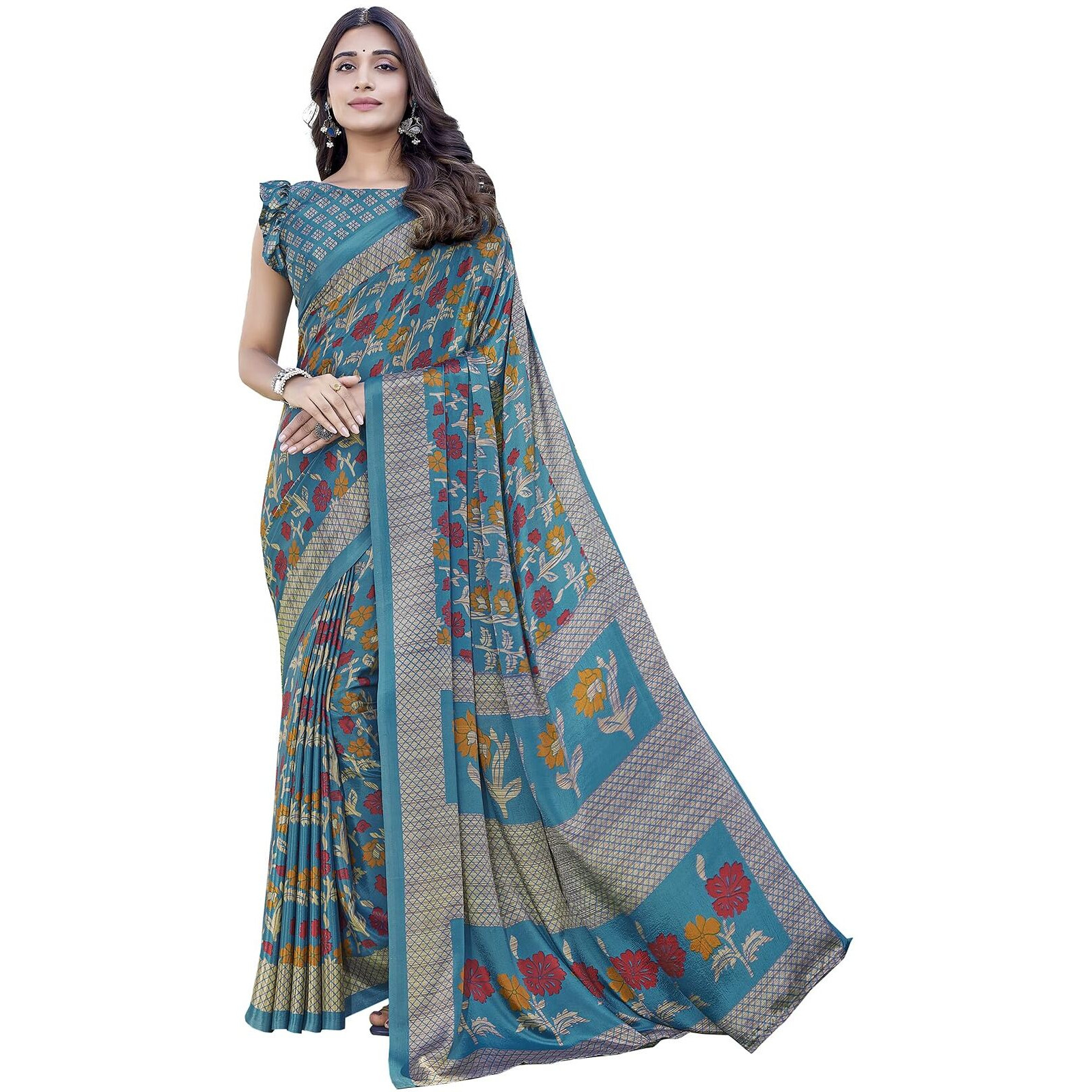 Yashika Elegant Chiffon Saree Set with Blouse - Embrace Trendy Style Perfectly crafted for modern women (AZ-YS-P1-NEELA RAMA)