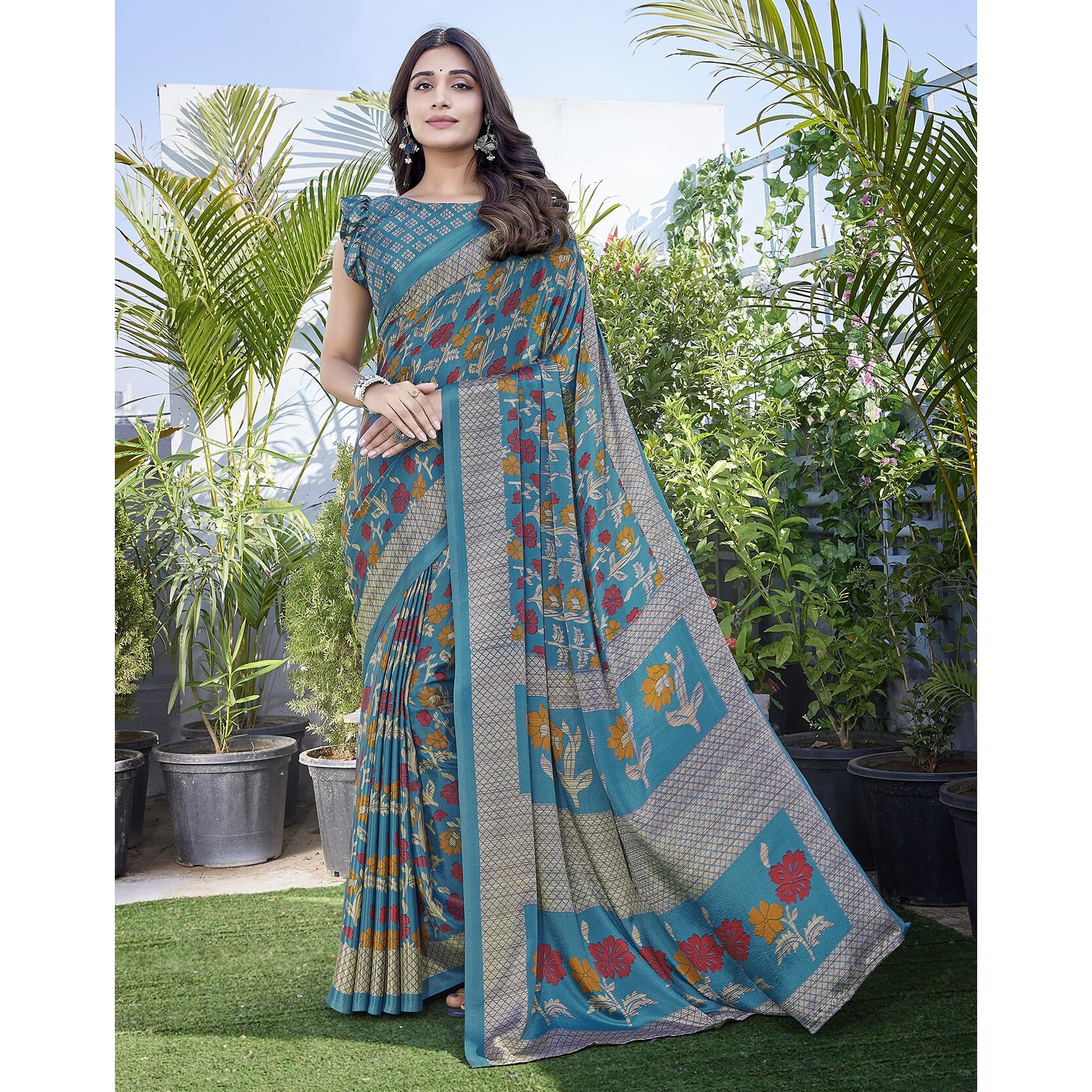 Yashika Elegant Chiffon Saree Set with Blouse - Embrace Trendy Style Perfectly crafted for modern women (AZ-YS-P1-NEELA RAMA)