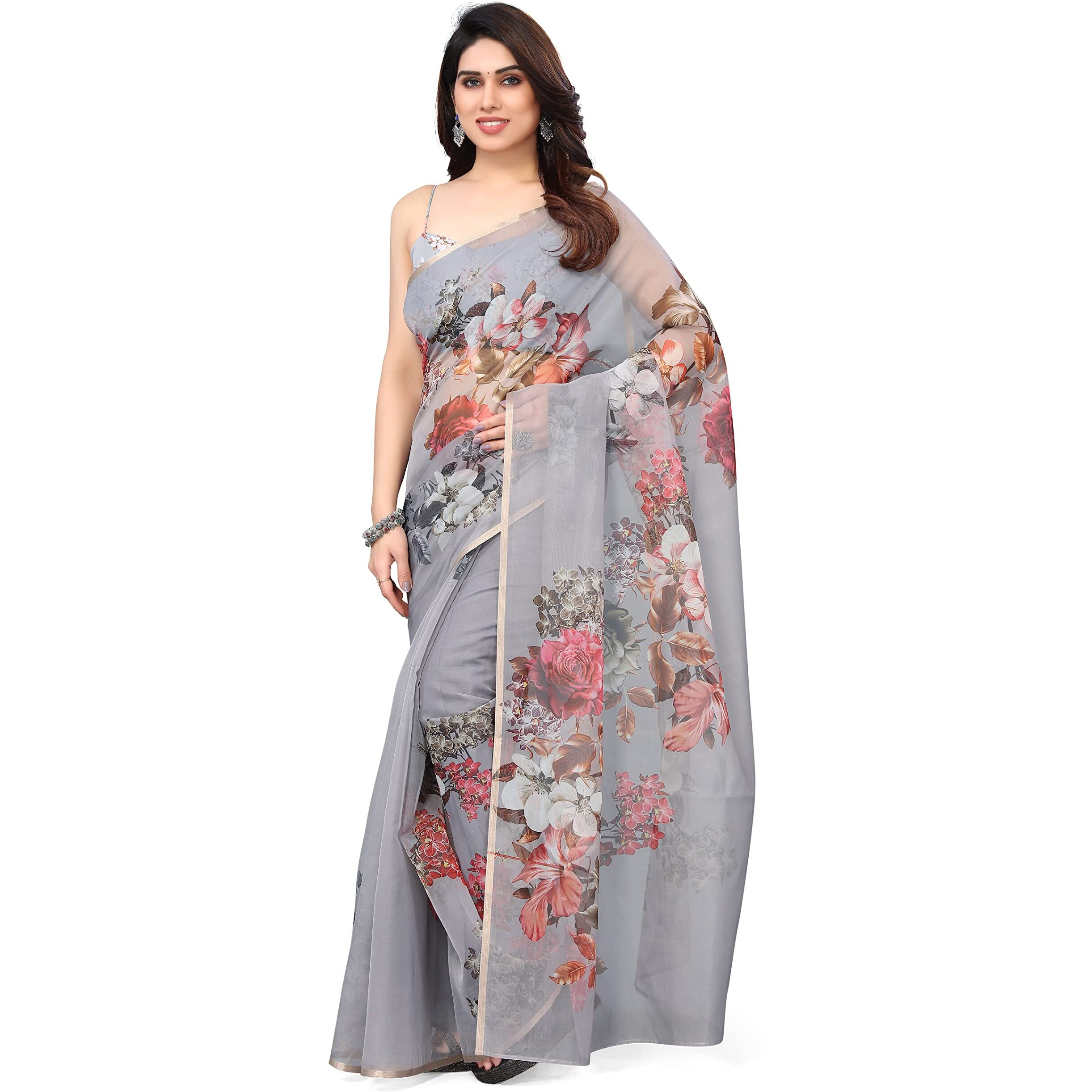 SOURBH Womens Organza Printed Saree with Blouse Piece (23035-Taupe)