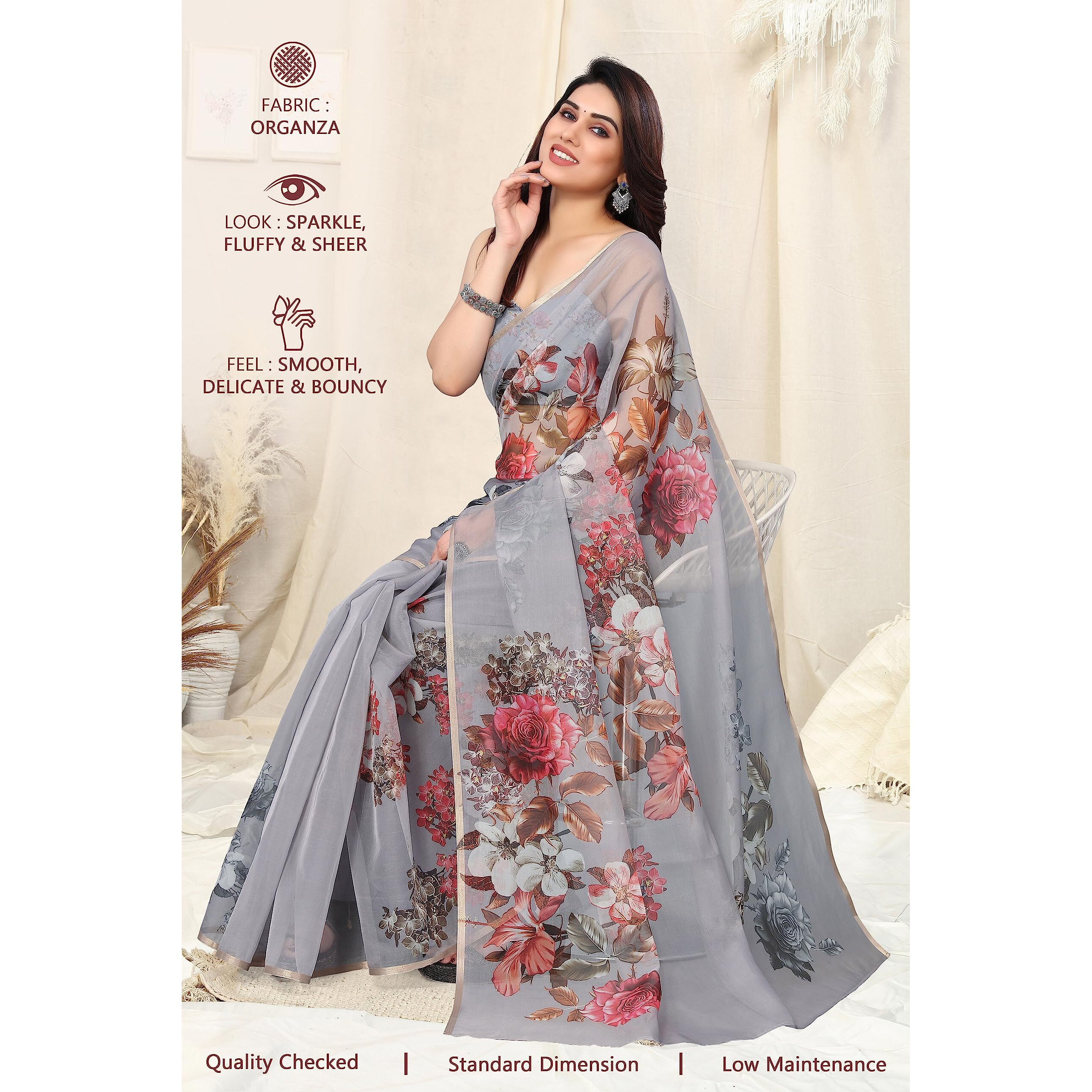 SOURBH Womens Organza Printed Saree with Blouse Piece (23035-Taupe)