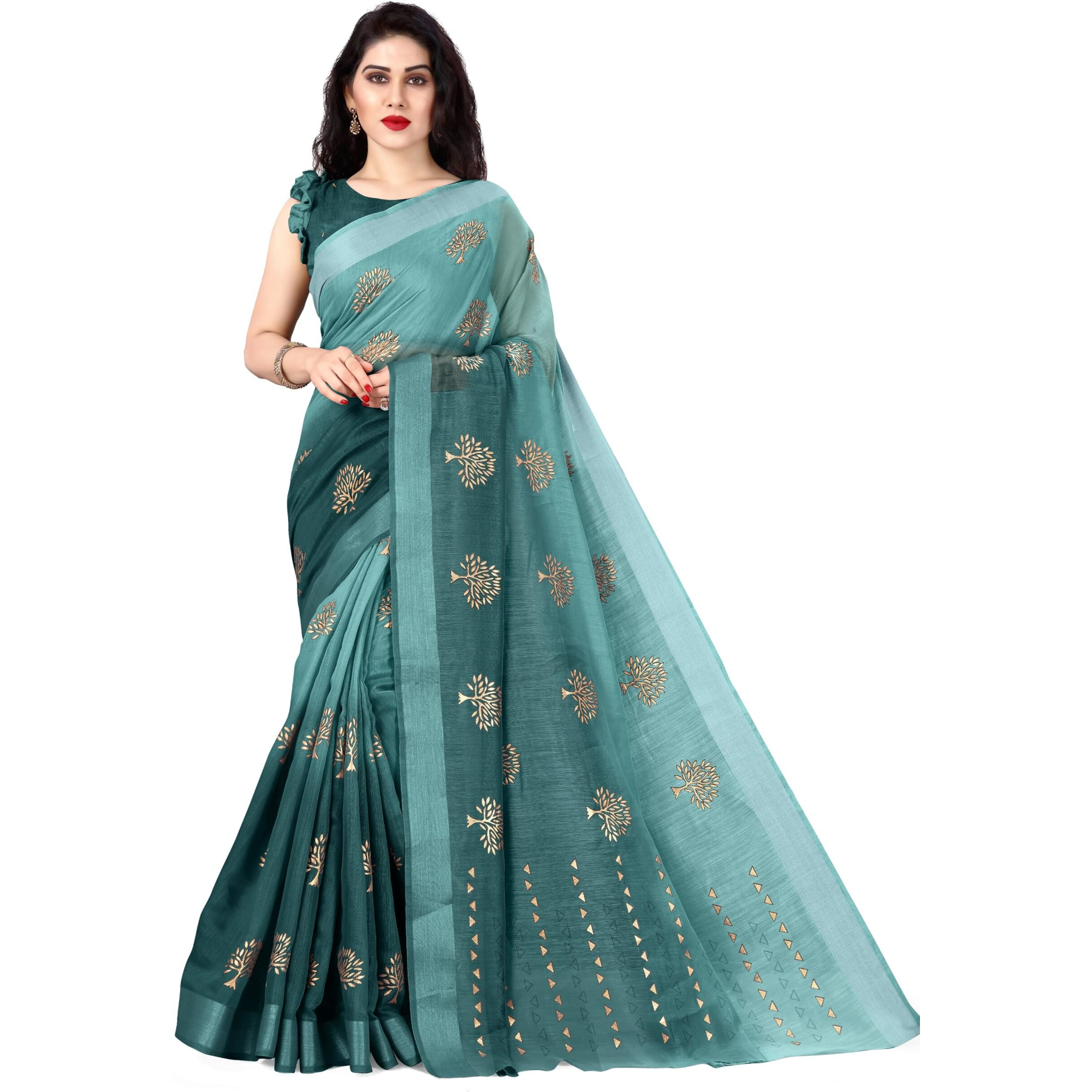 SOURBH Womens Cotton Blend Tree Block Pattern Foil Print Saree with Blouse Piece (24218-Teal, Gold)