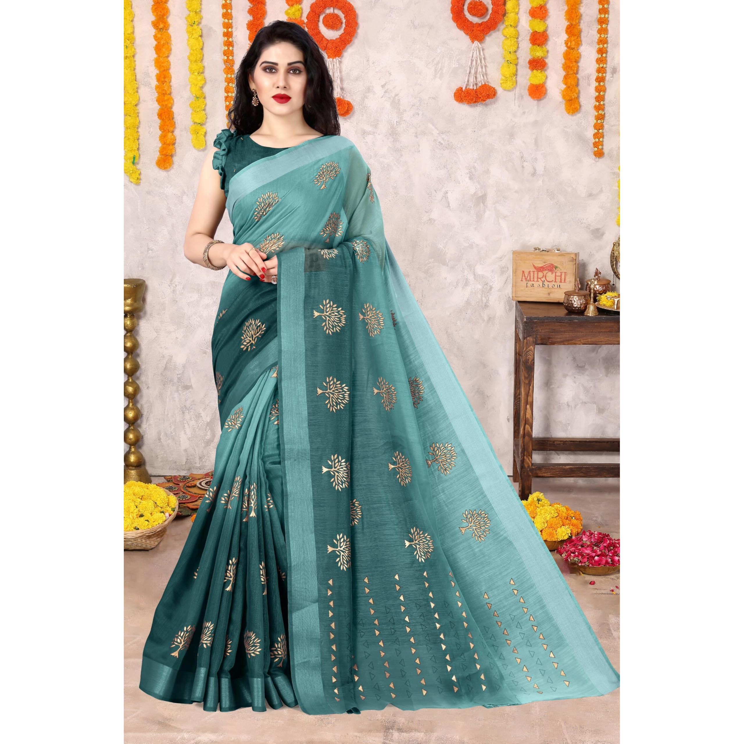 SOURBH Womens Cotton Blend Tree Block Pattern Foil Print Saree with Blouse Piece (24218-Teal, Gold)