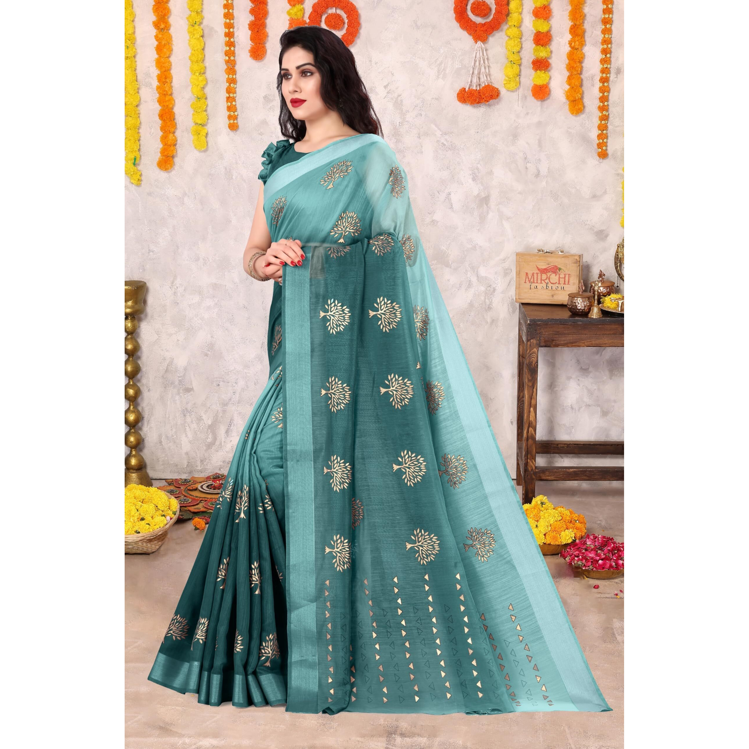 SOURBH Womens Cotton Blend Tree Block Pattern Foil Print Saree with Blouse Piece (24218-Teal, Gold)