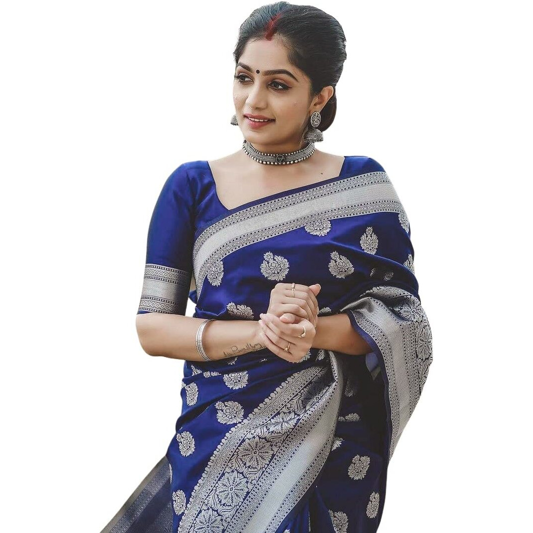 SGF11 Womens Kanjivaram Soft Silk Saree With Blouse Piece (Dark Blue Navy Blue)