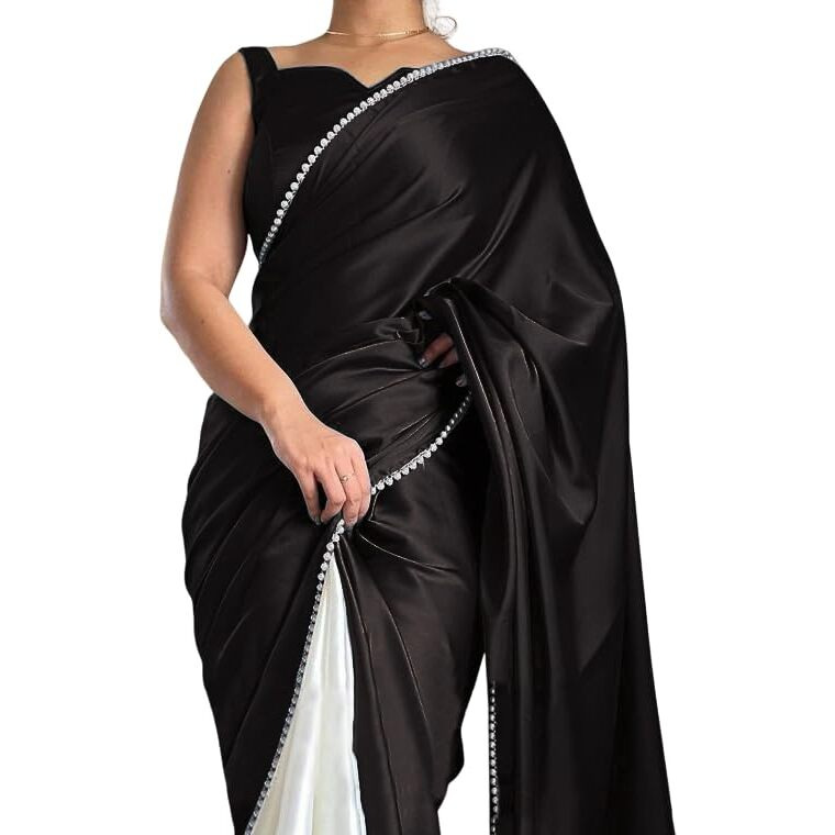 BRAHMSHAKTI Womens Satin Half Half Collection Saree With Blouse Piece, Black