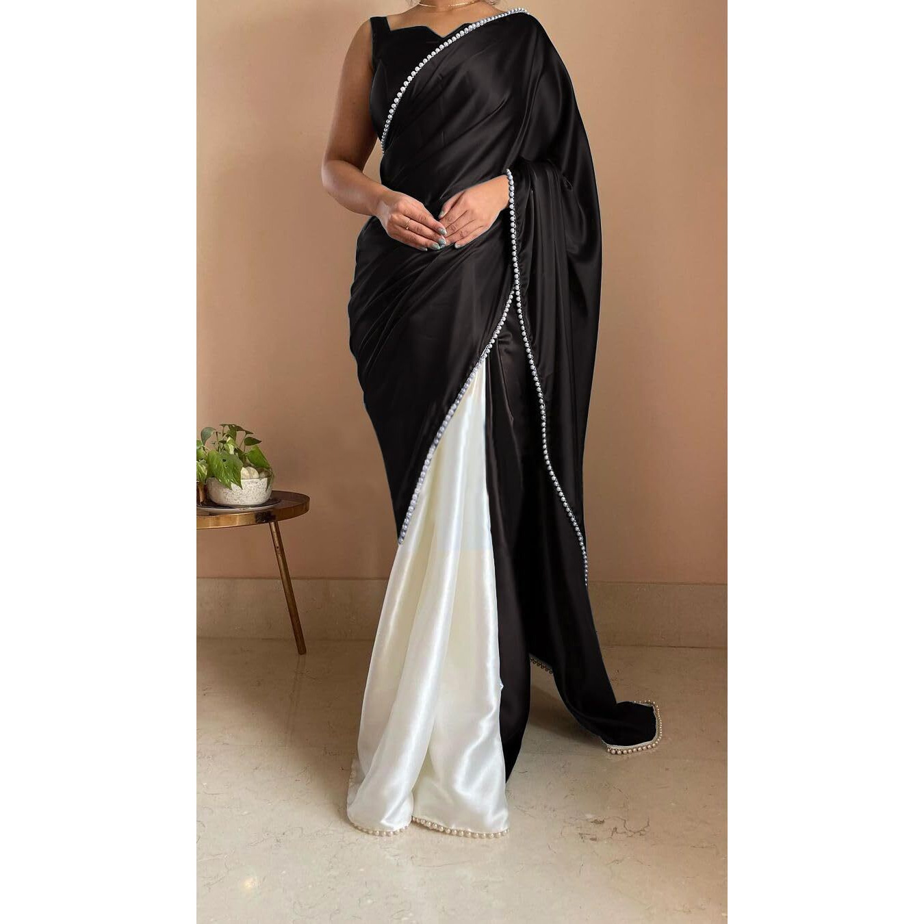 BRAHMSHAKTI Womens Satin Half Half Collection Saree With Blouse Piece, Black