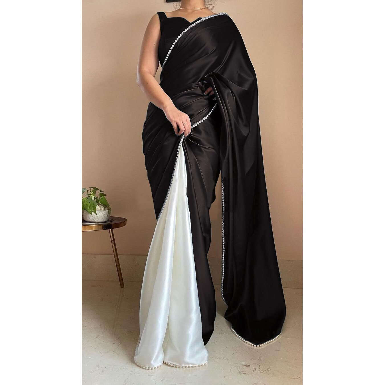 BRAHMSHAKTI Womens Satin Half Half Collection Saree With Blouse Piece, Black