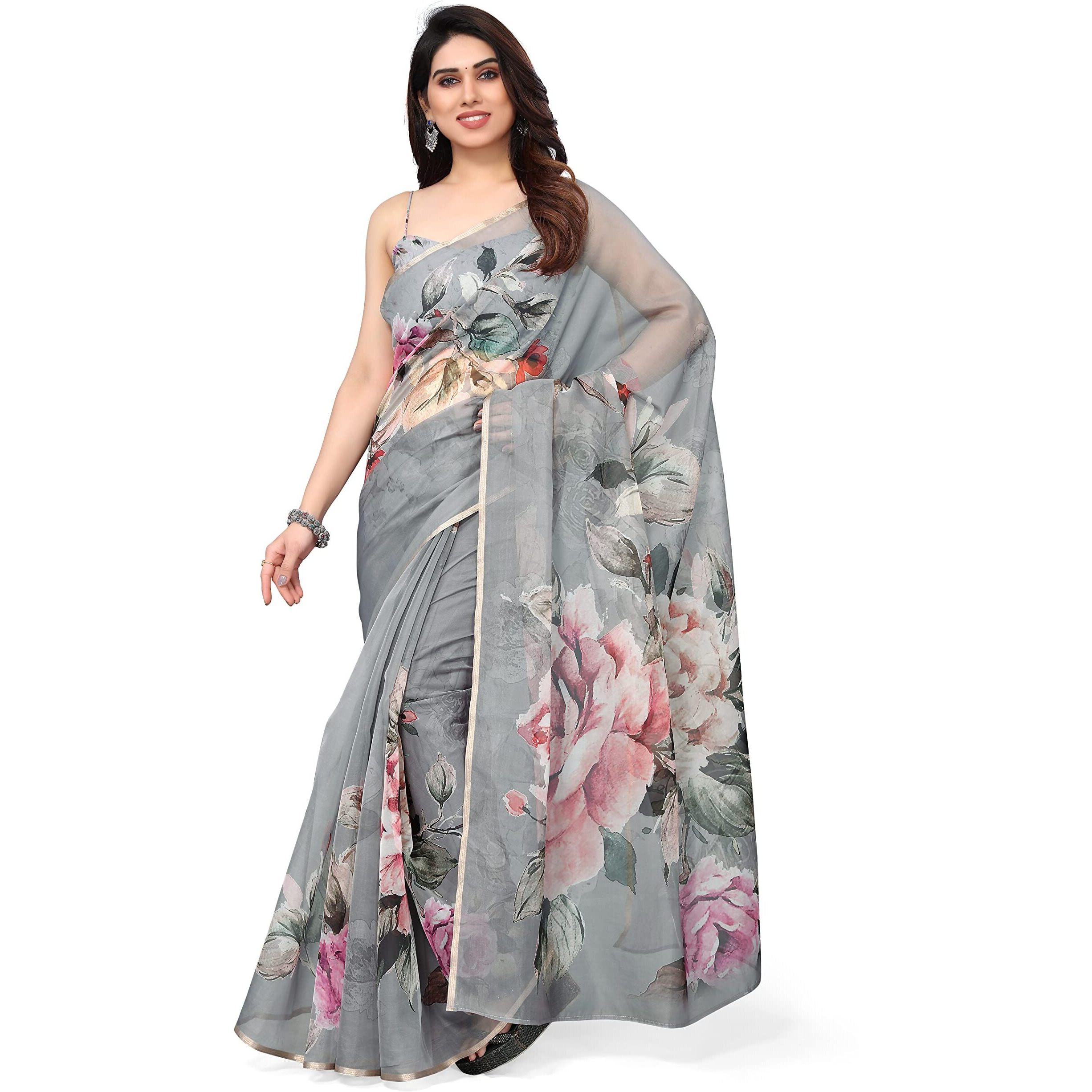 SOURBH Womens Organza Printed Saree with Blouse Piece (23040-Light Grey)