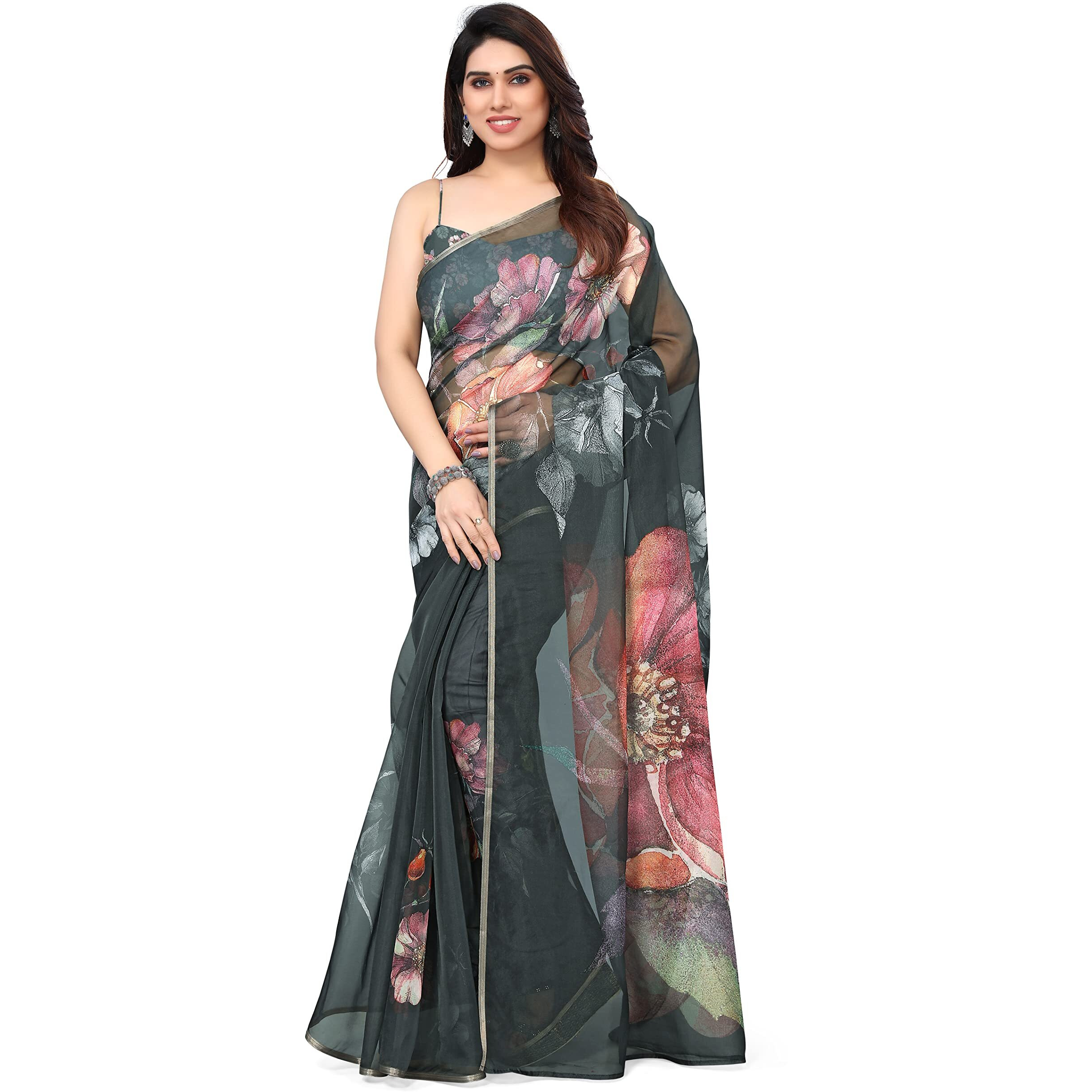 SOURBH Womens Organza Semi-transparent Printed Saree with Blouse Piece (23033-Greenish Grey)