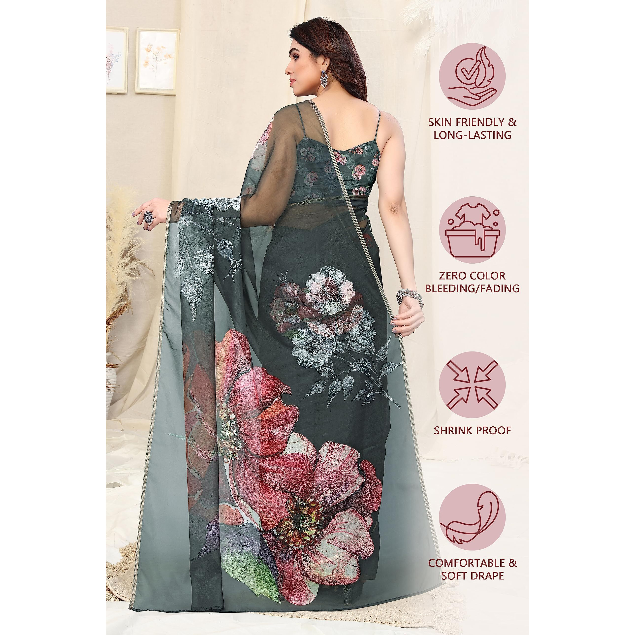 SOURBH Womens Organza Semi-transparent Printed Saree with Blouse Piece (23033-Greenish Grey)