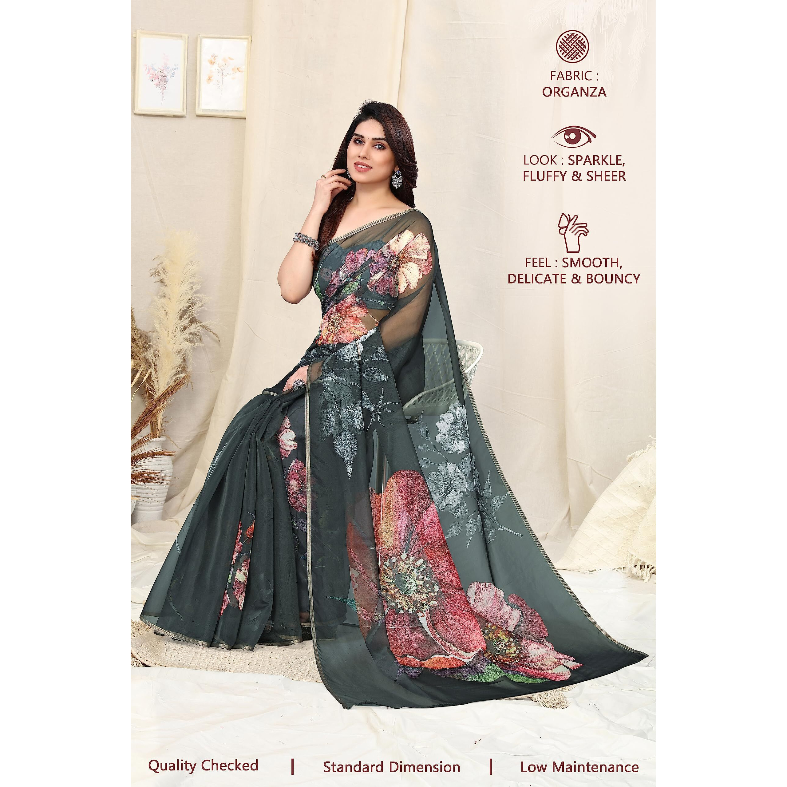 SOURBH Womens Organza Semi-transparent Printed Saree with Blouse Piece (23033-Greenish Grey)