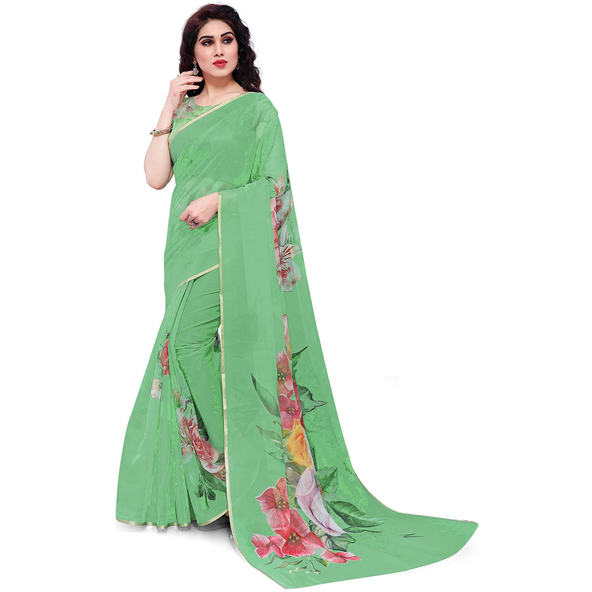 SOURBH Womens Organza Printed Saree with Blouse Piece (23037-Seafoam Green)