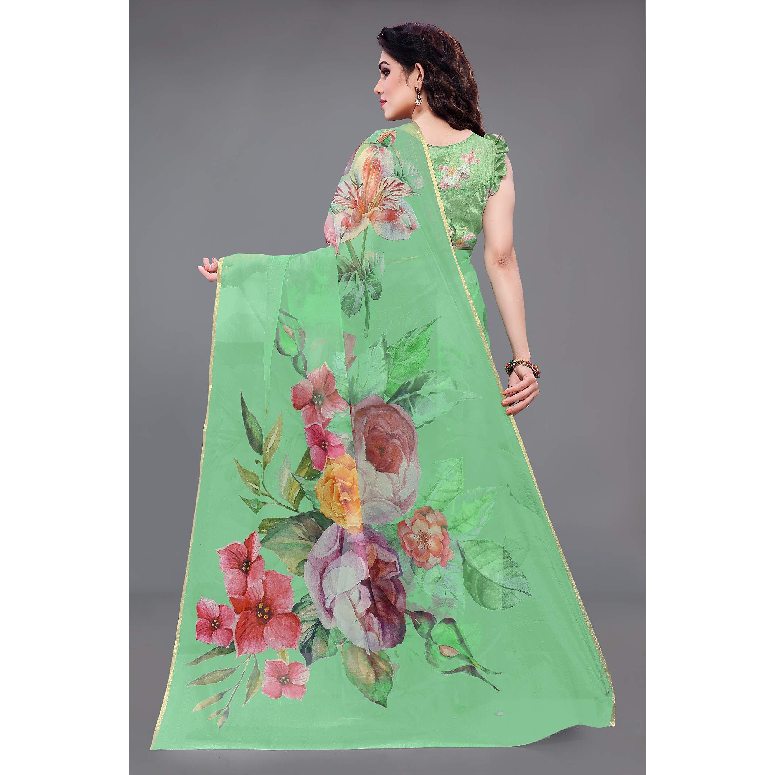 SOURBH Womens Organza Printed Saree with Blouse Piece (23037-Seafoam Green)