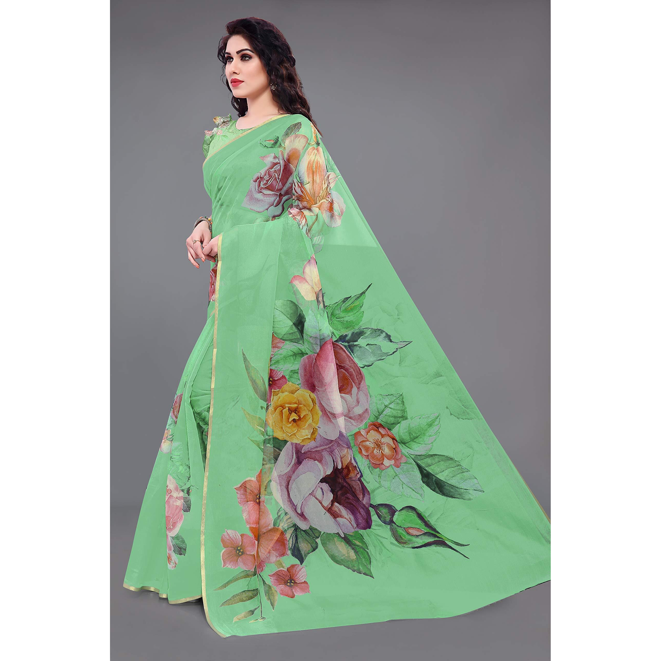 SOURBH Womens Organza Printed Saree with Blouse Piece (23037-Seafoam Green)