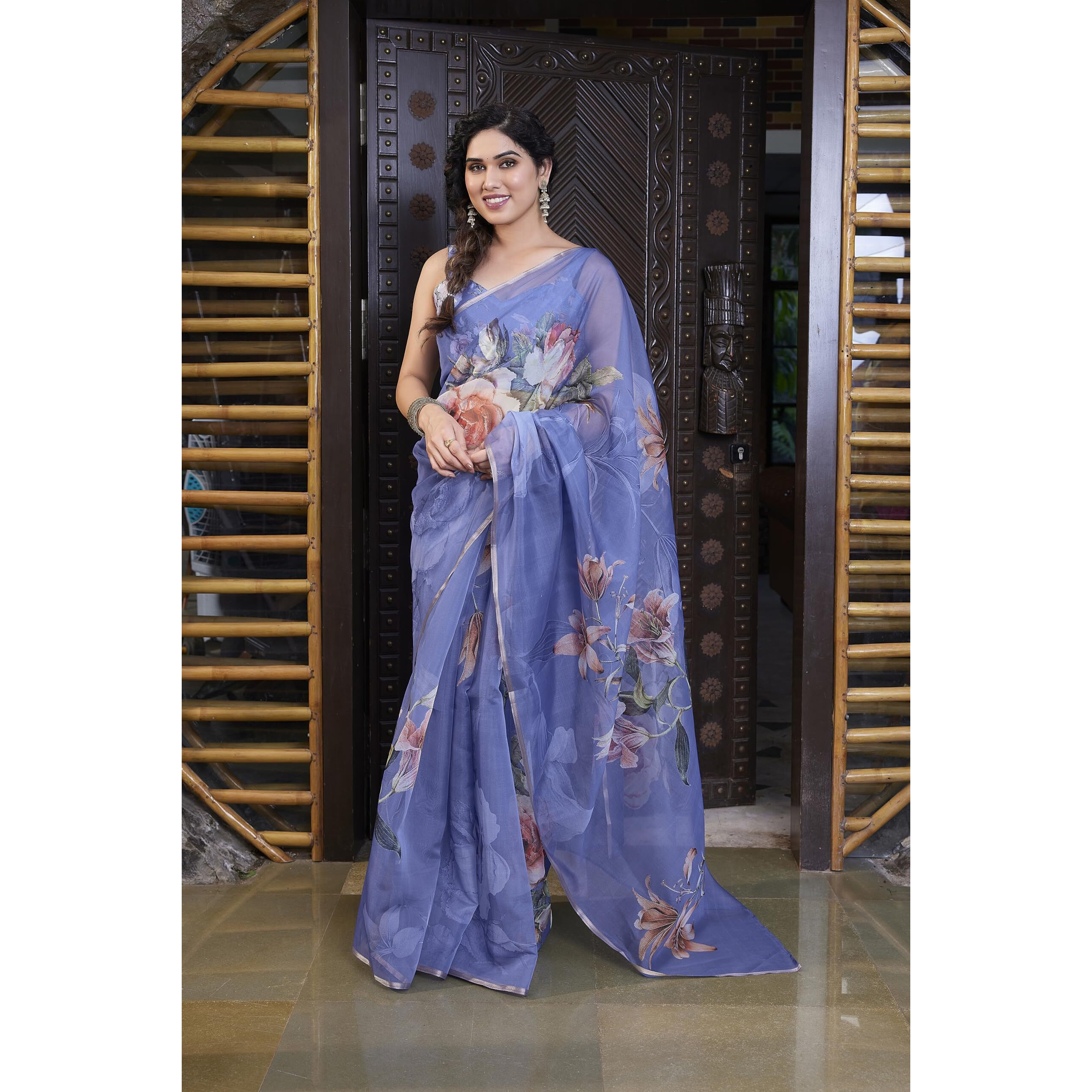 SOURBH Womens Organza Printed Saree with Blouse Piece (23039-Violet)