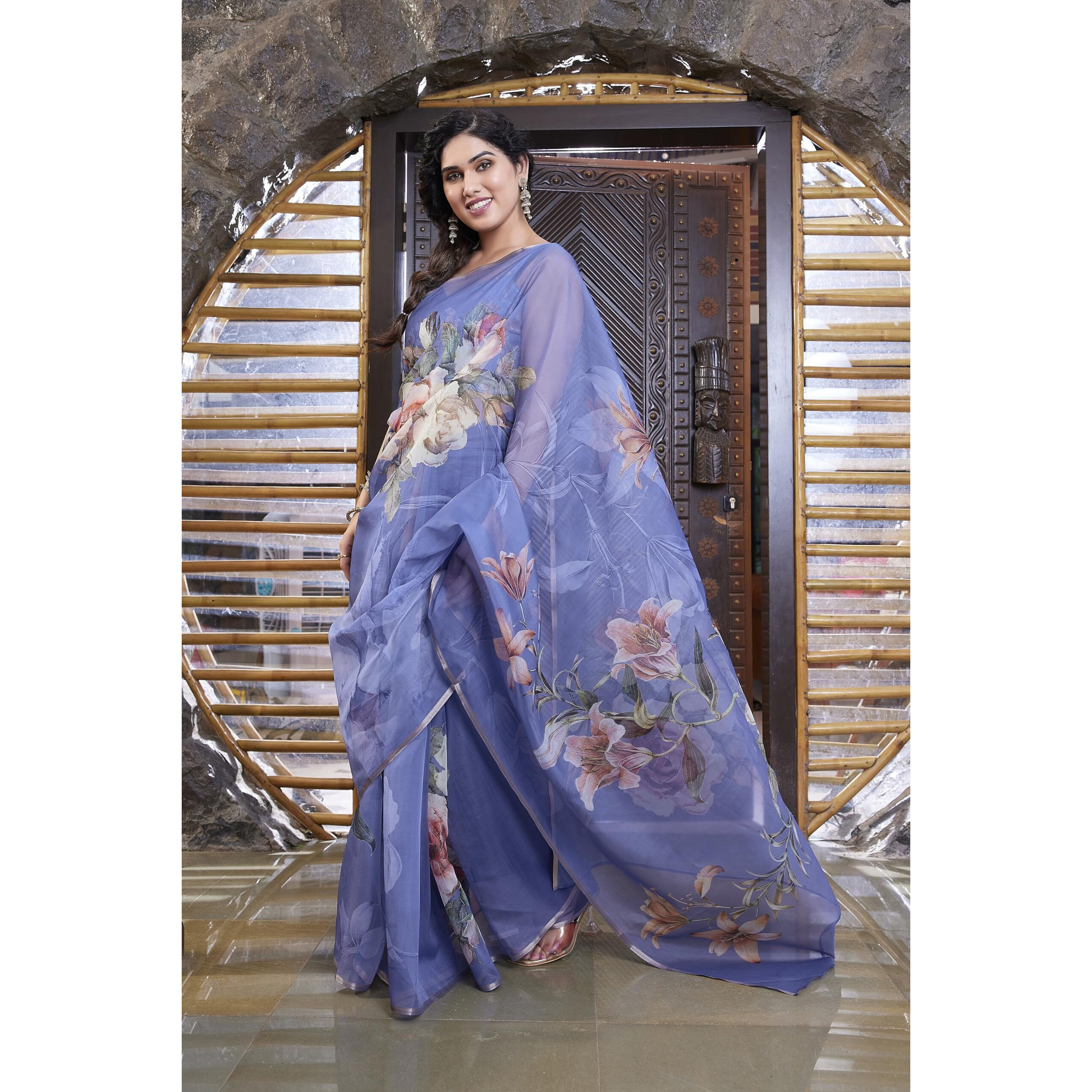 SOURBH Womens Organza Printed Saree with Blouse Piece (23039-Violet)