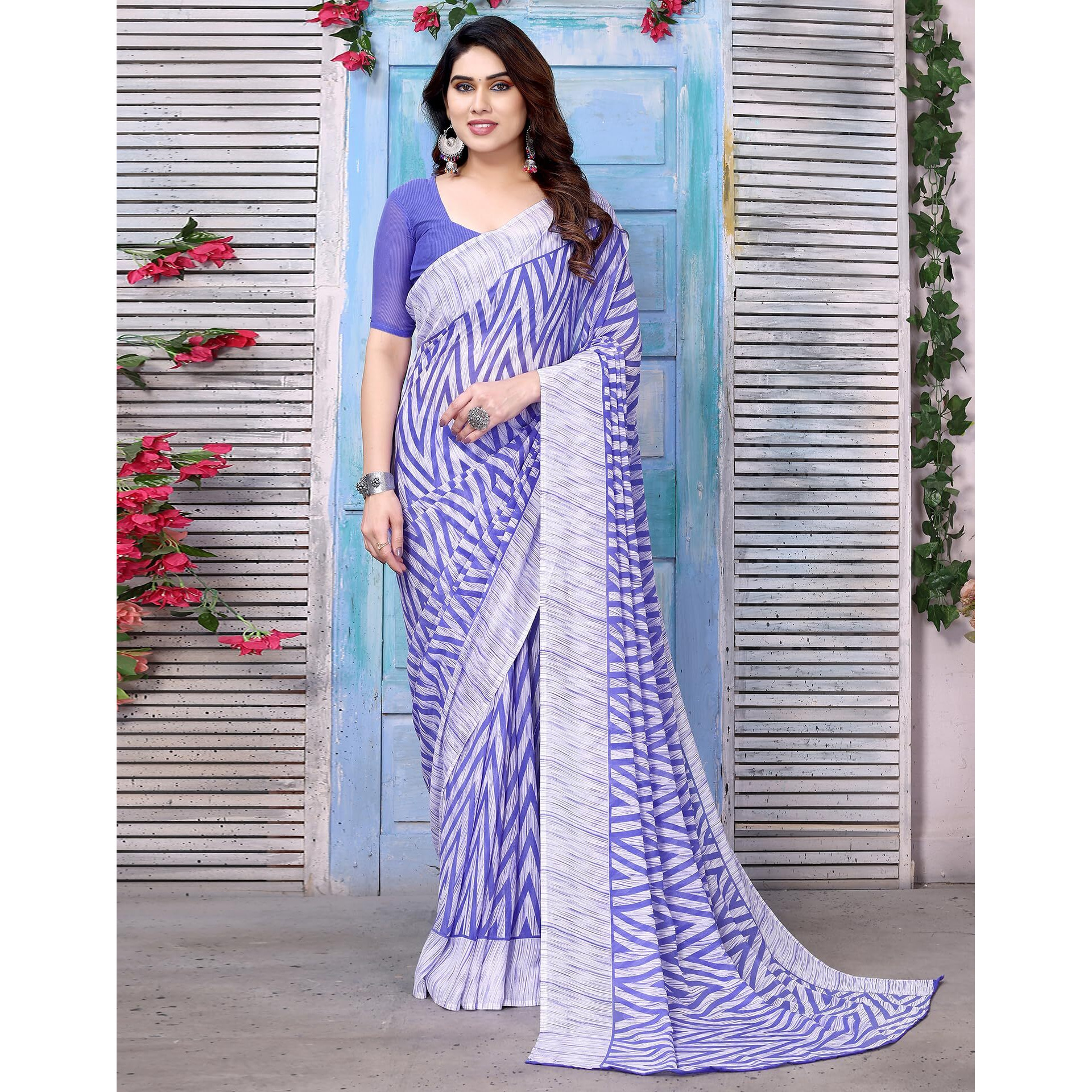 SIRIL Georgette Womens Geoegette Geometric Printed Saree With Unstitched Blouse Piece (3201S2293A_Violet)