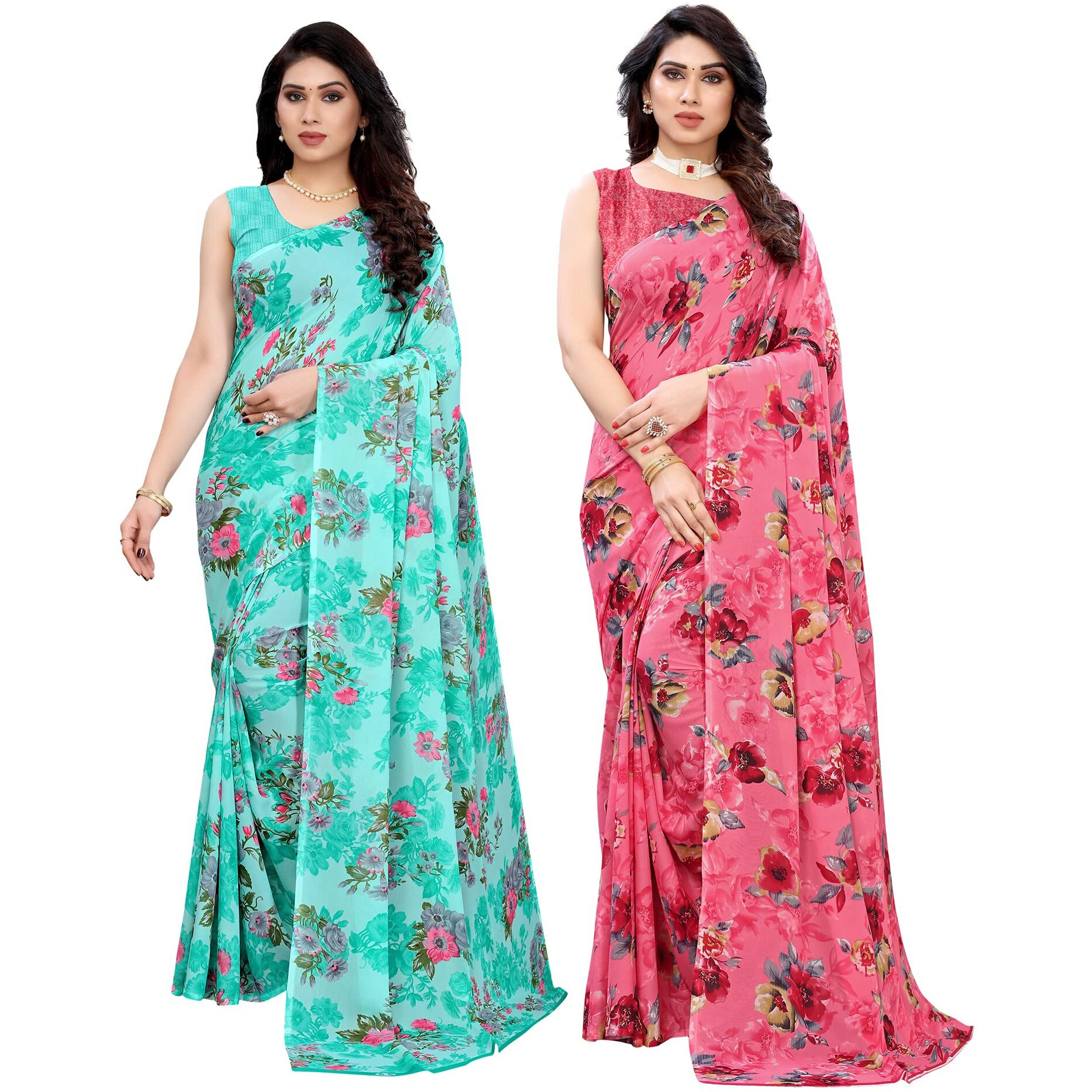 SIRIL Womens Floral Printed Georgette Saree with Blouse Combo Pack Of 2(2041S576_1850S178_Light Blue||Pink)