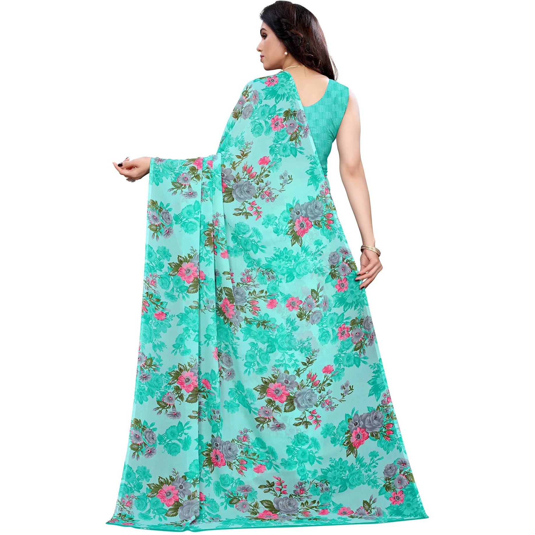 SIRIL Womens Floral Printed Georgette Saree with Blouse Combo Pack Of 2(2041S576_1850S178_Light Blue||Pink)