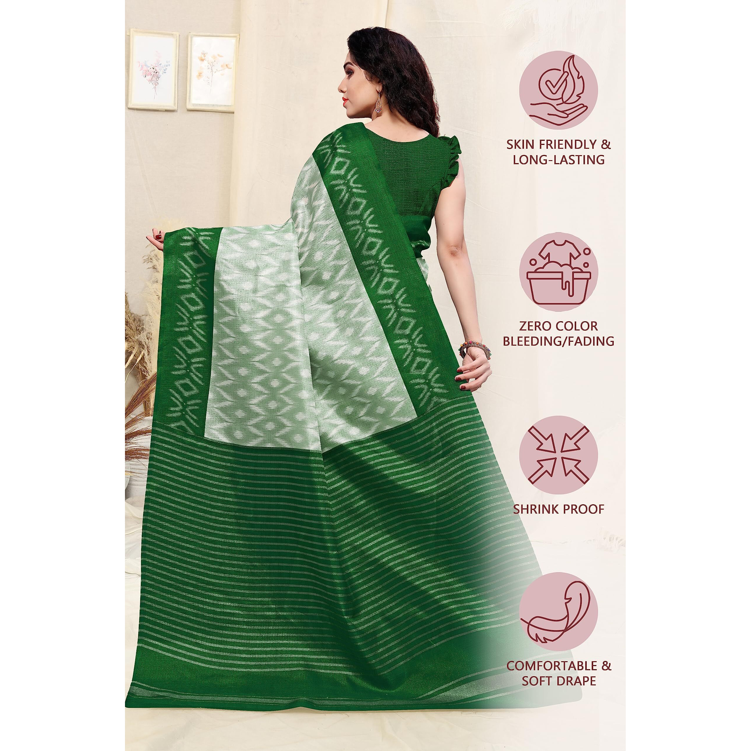 SOURBH Womens Art Silk Ikat Dyed Printed Saree with Blouse Piece (Cream, Green)