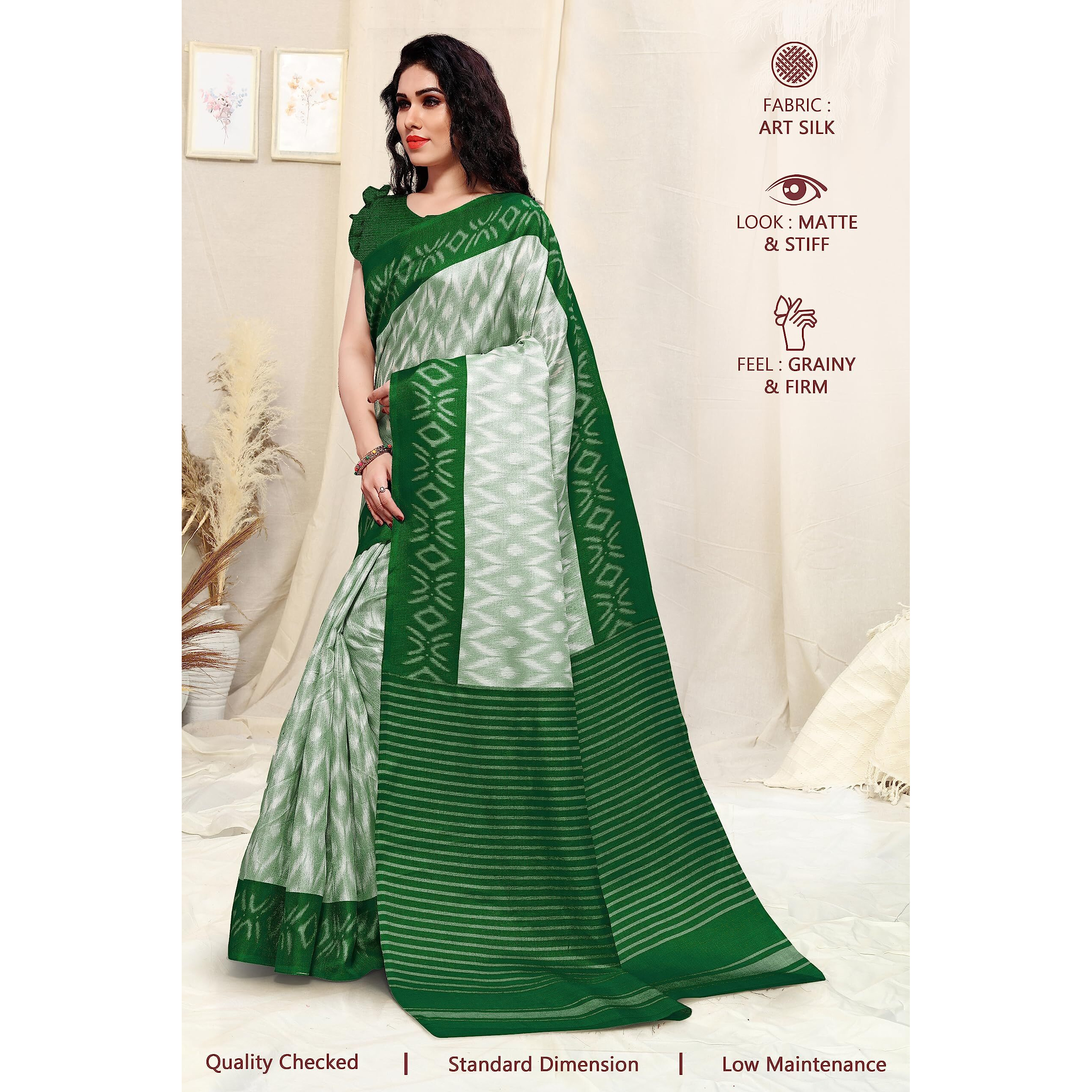 SOURBH Womens Art Silk Ikat Dyed Printed Saree with Blouse Piece (Cream, Green)