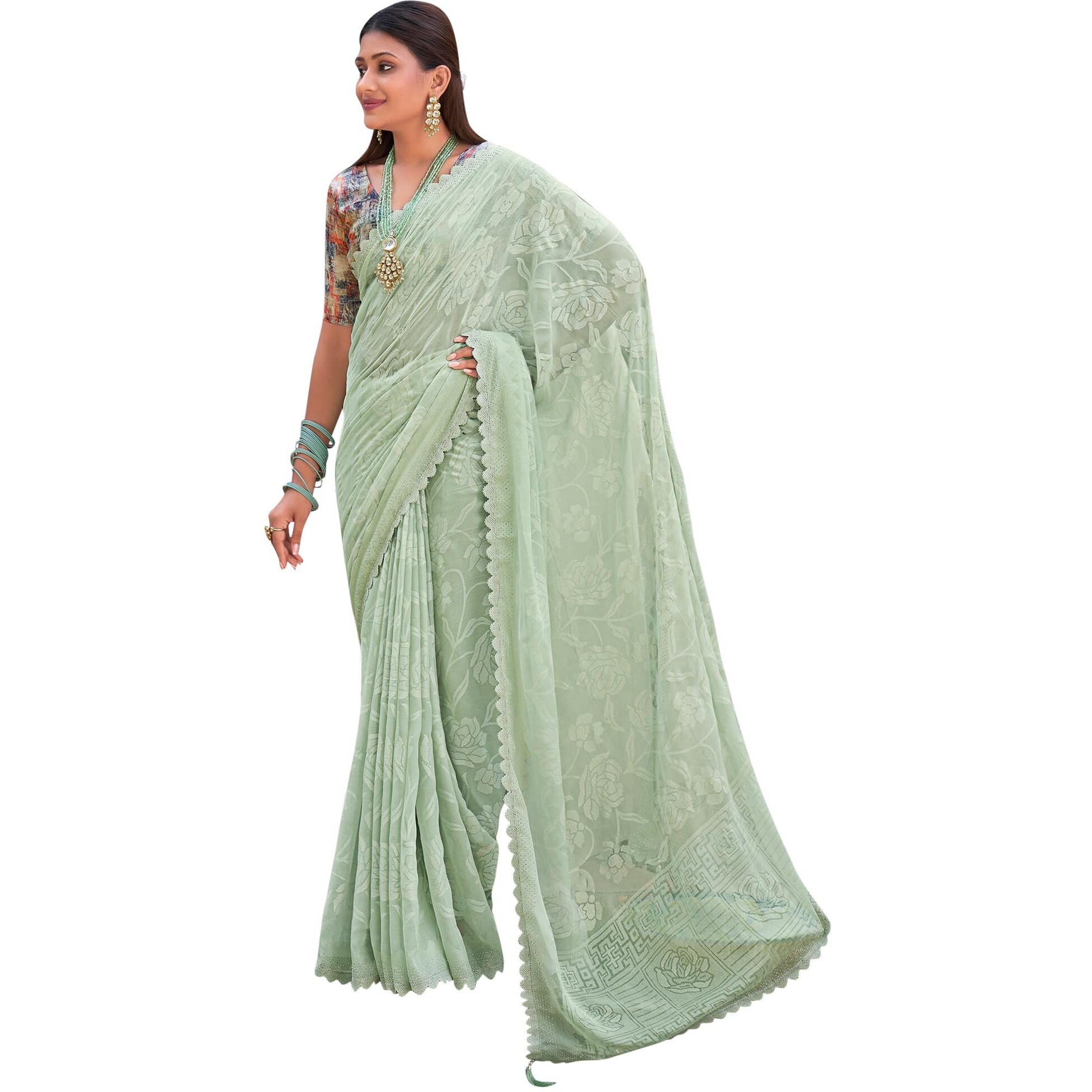 AKHILAM Womens Chiffon Embellished Floral Bagru Saree With Unstitched Blouse Piece, Light Green