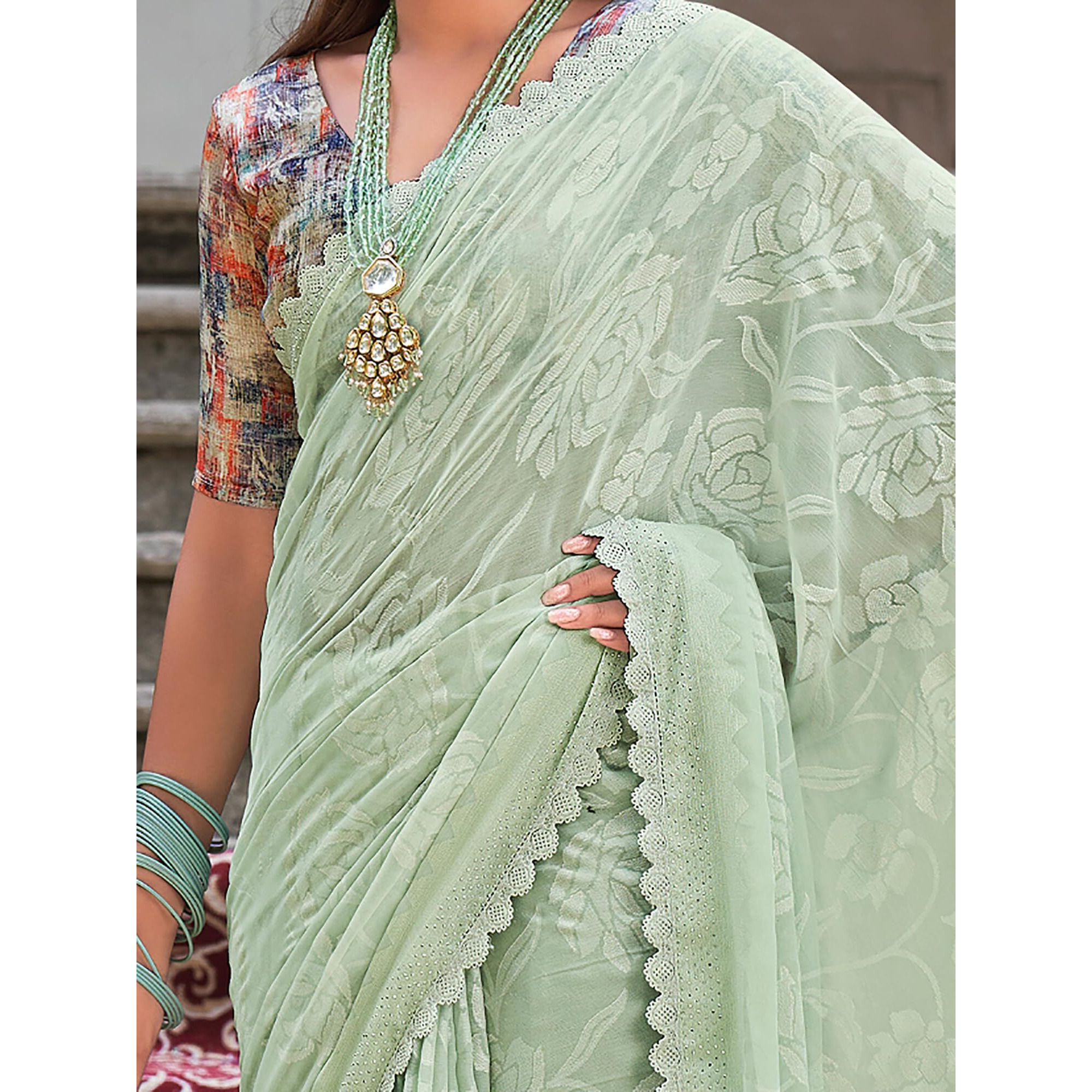 AKHILAM Womens Chiffon Embellished Floral Bagru Saree With Unstitched Blouse Piece, Light Green