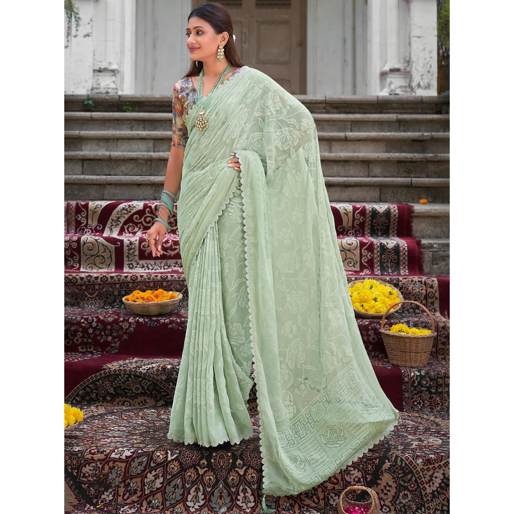 AKHILAM Womens Chiffon Embellished Floral Bagru Saree With Unstitched Blouse Piece, Light Green