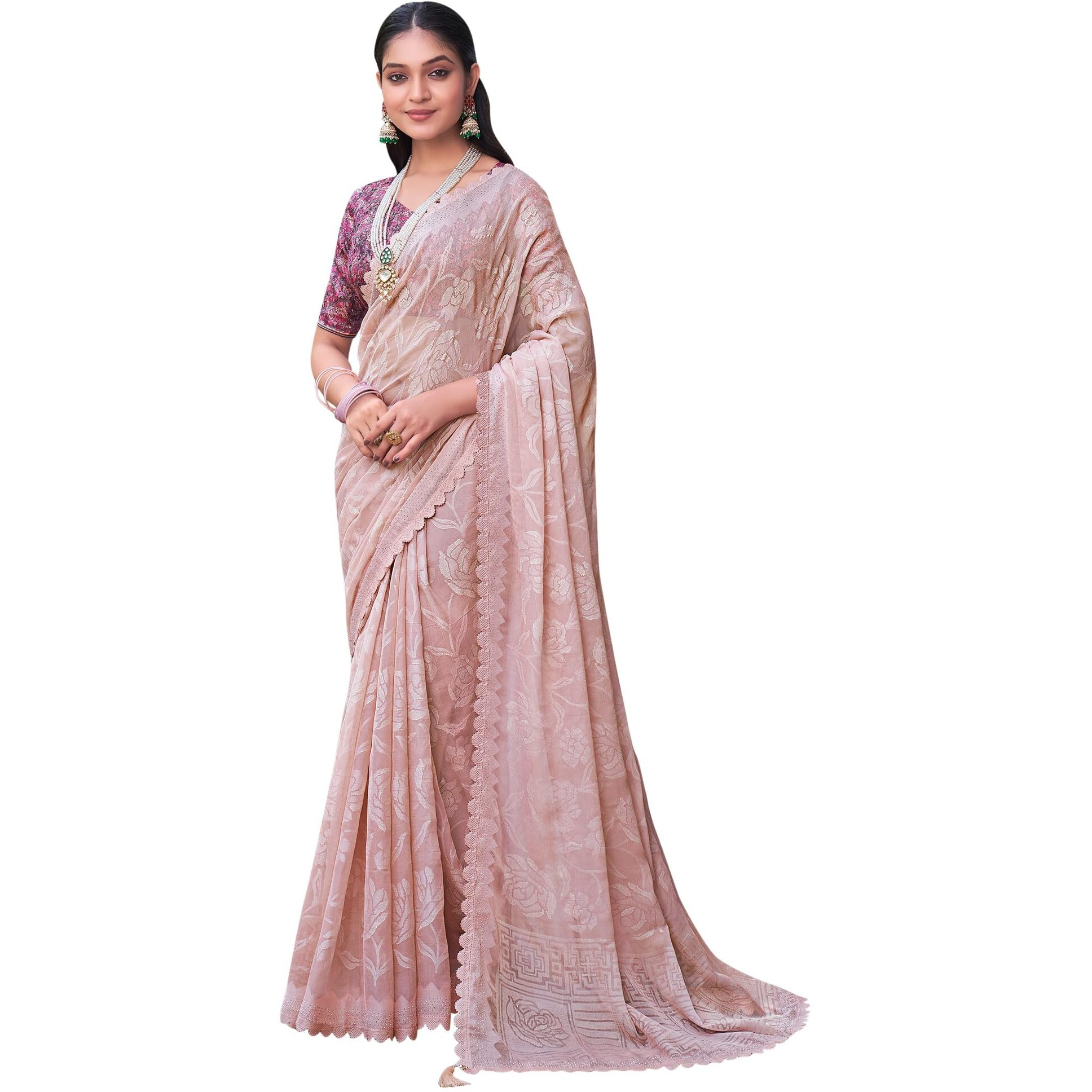 AKHILAM Womens Chiffon Embellished Floral Bagru Saree With Unstitched Blouse Piece (Beige_KINJAL4269_5D)