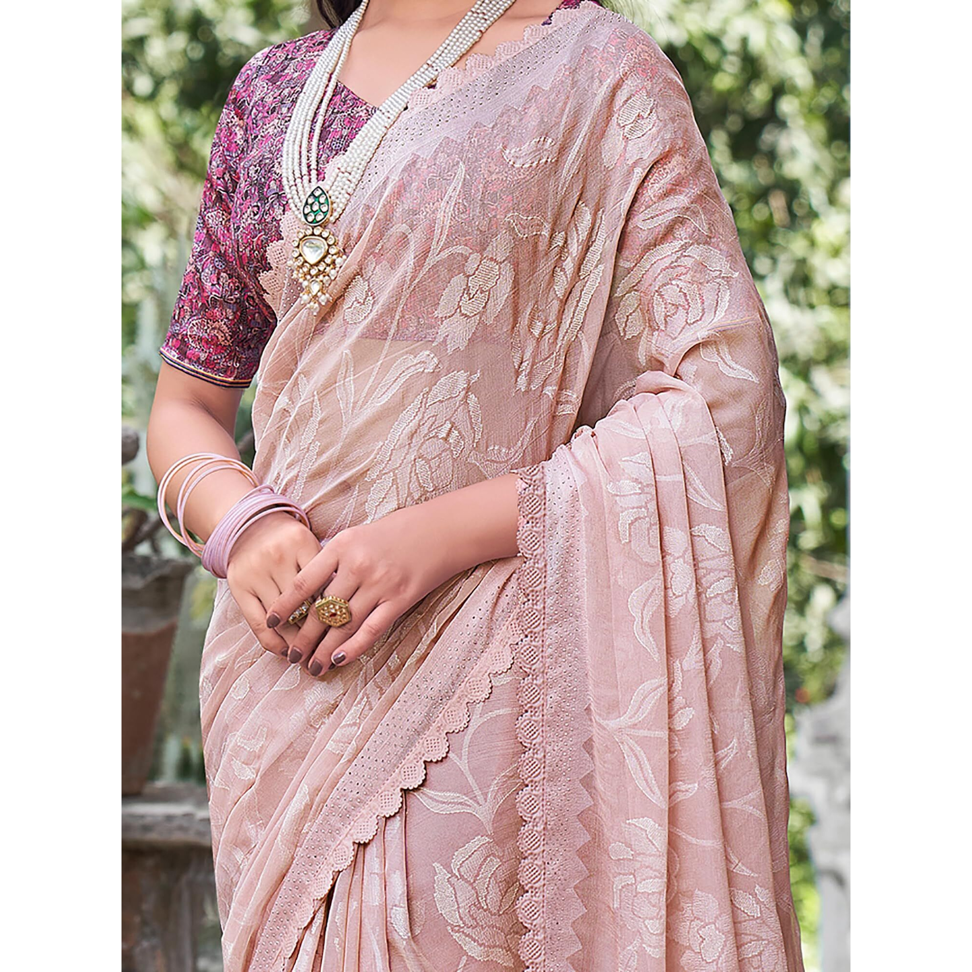 AKHILAM Womens Chiffon Embellished Floral Bagru Saree With Unstitched Blouse Piece (Beige_KINJAL4269_5D)