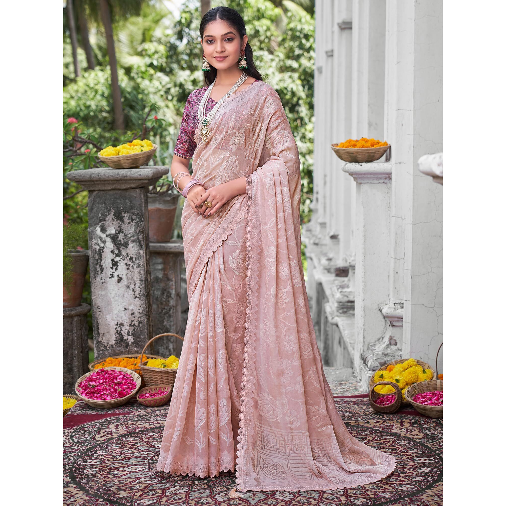 AKHILAM Womens Chiffon Embellished Floral Bagru Saree With Unstitched Blouse Piece (Beige_KINJAL4269_5D)