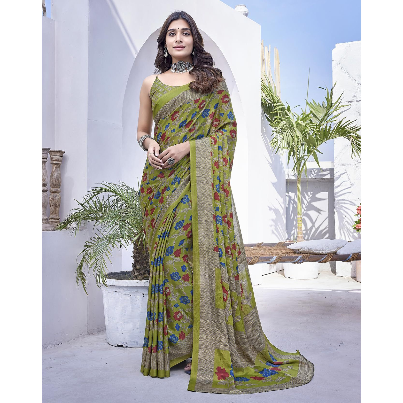 Yashika Elegant Chiffon Saree Set with Blouse - Embrace Trendy Style Perfectly crafted for modern women (AZ-YS-P1-NEELA MAHENDI)