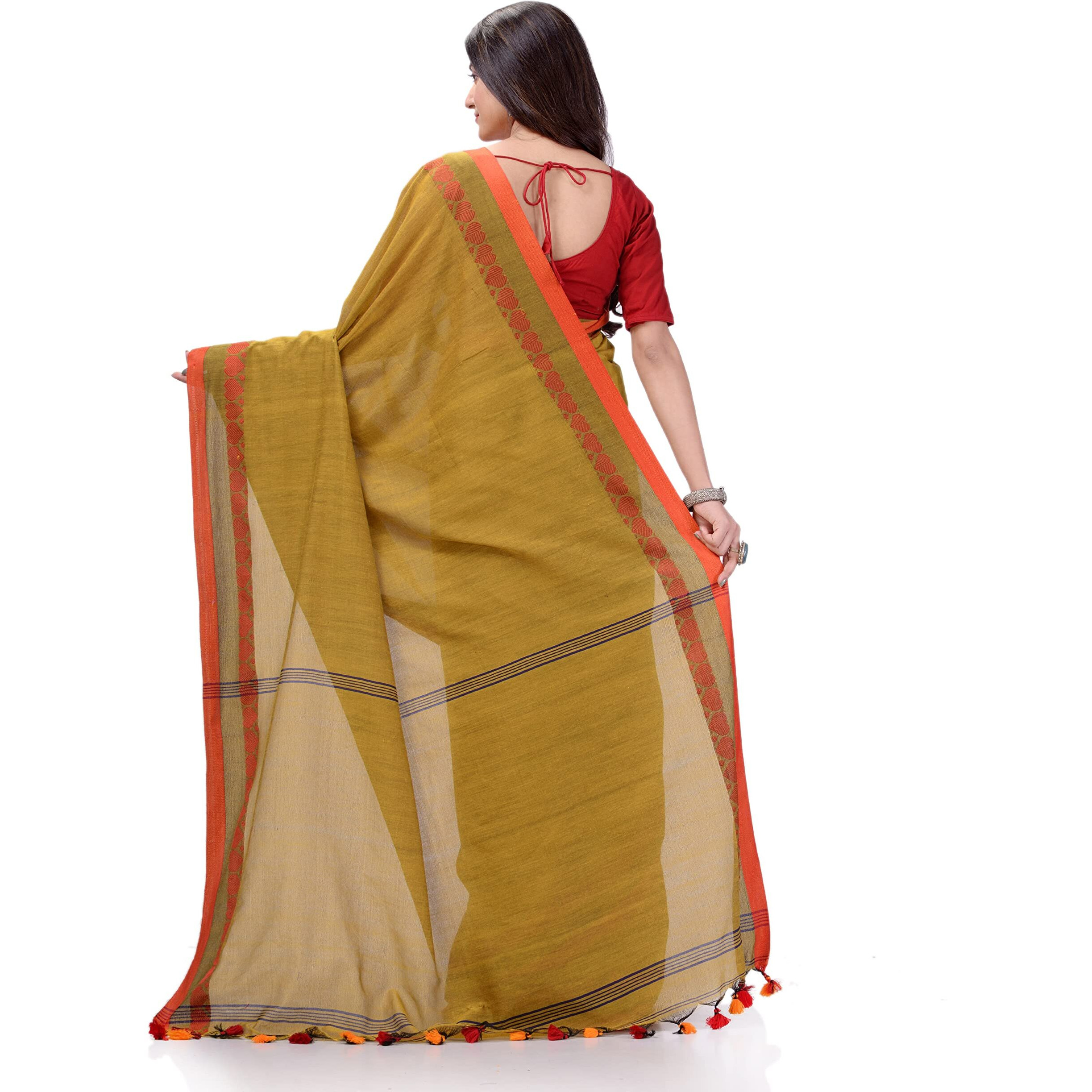 dB DESH BIDESH Women`s Traditional Bengali Tant Handloom Cotton Saree Royel Loveria Design With Blouse Piece (Olive)