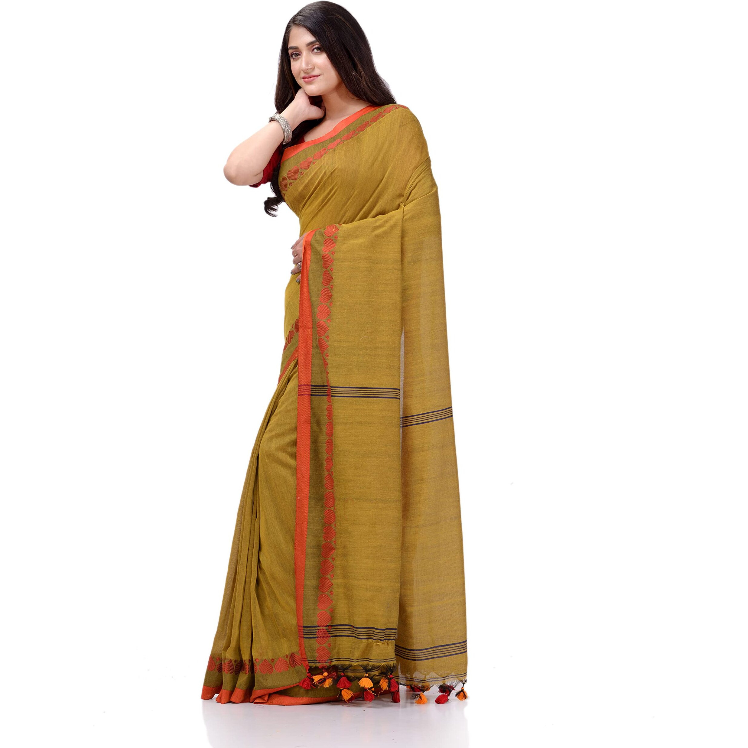 dB DESH BIDESH Women`s Traditional Bengali Tant Handloom Cotton Saree Royel Loveria Design With Blouse Piece (Olive)