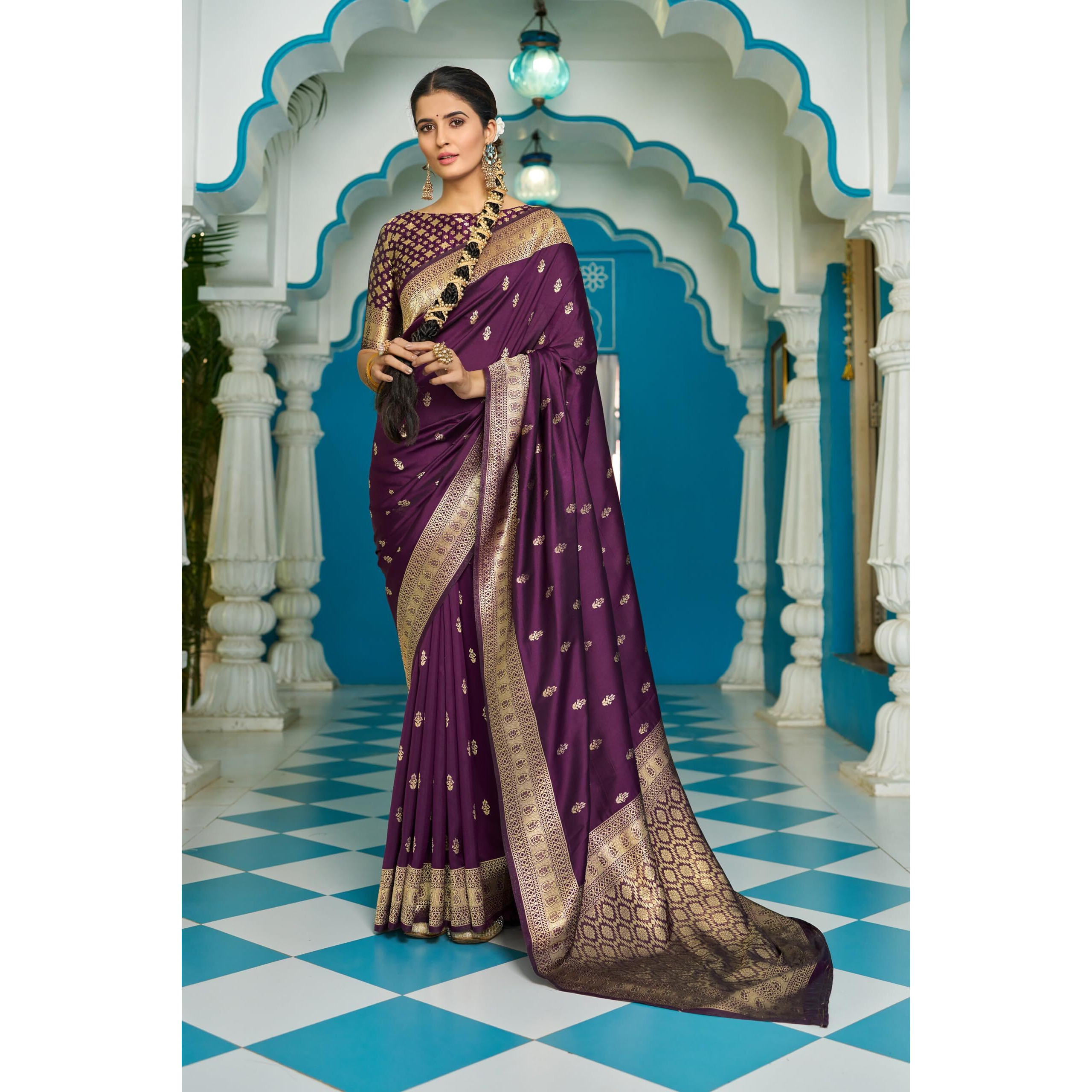 SWORNOF Silk Womens Kanjivaram Sequence Sarees For Women Kanchipuram Saree With Boluse Piece (Purple)