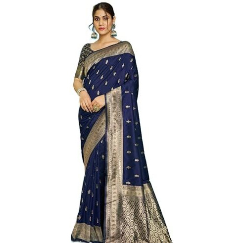 SWORNOF Silk Womens Kanjivaram Sequence Sarees For Women Kanchipuram Saree With Boluse Piece (Blue)