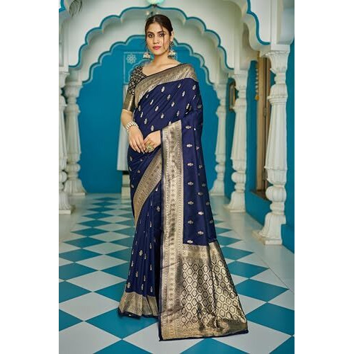 SWORNOF Silk Womens Kanjivaram Sequence Sarees For Women Kanchipuram Saree With Boluse Piece (Blue)