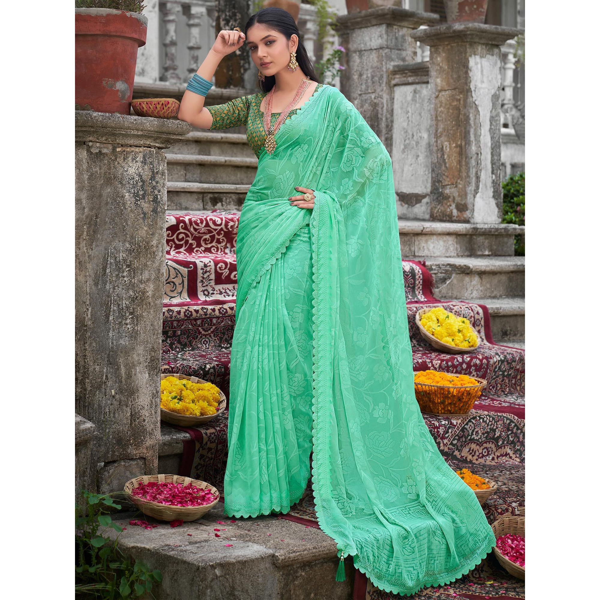 AKHILAM Womens Chiffon Embellished Floral Bagru Saree With Unstitched Blouse Piece (Sea Green_KINJAL4265_5D)