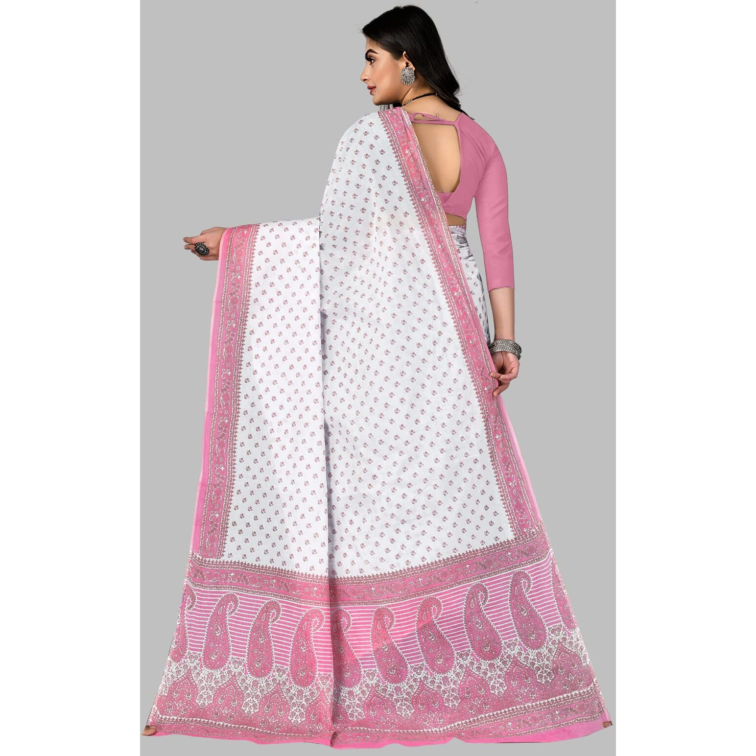 RATAN Pure Cotton Printed Mulmul Saree for Women without Blouse Piece (White-Pink)